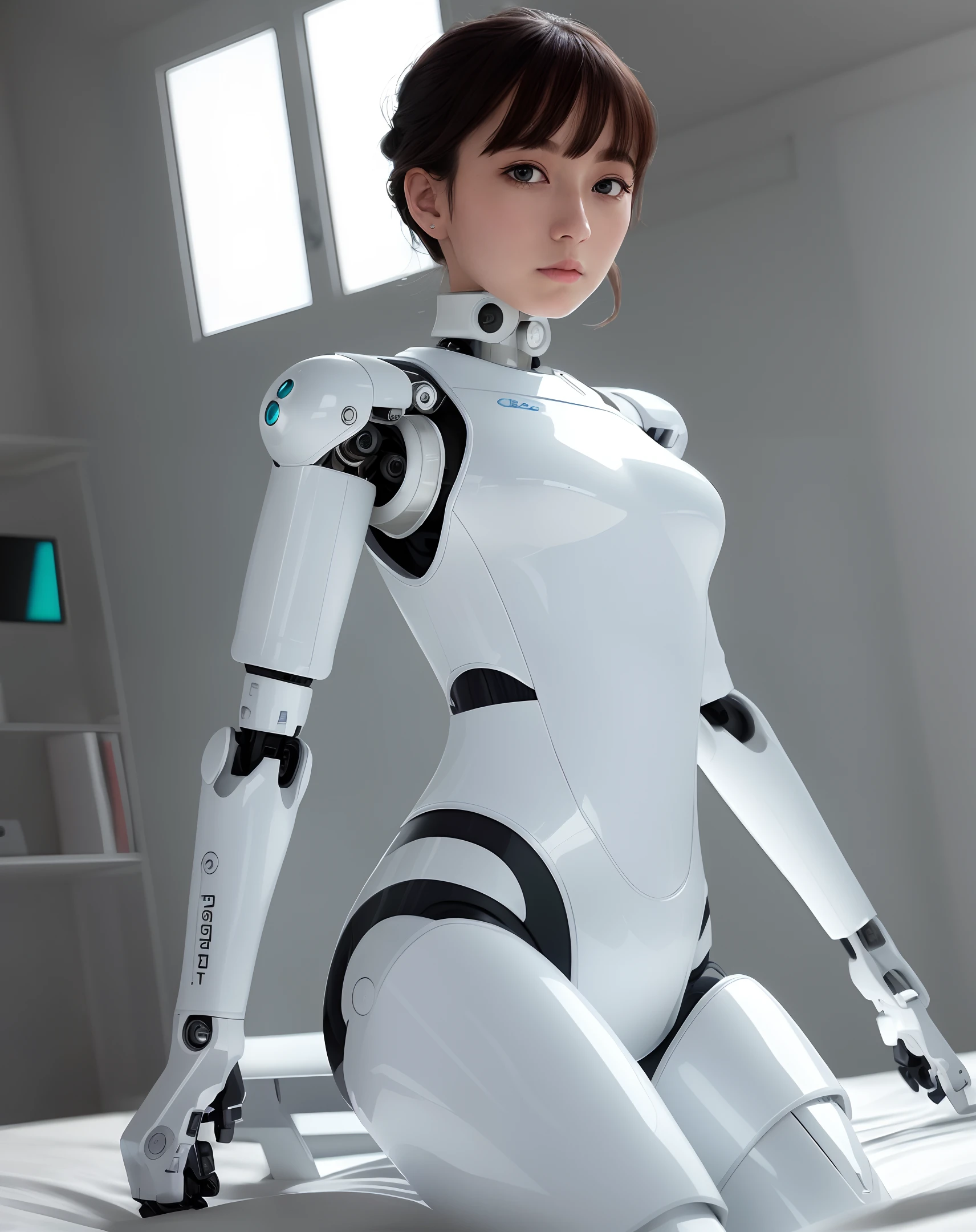 (8k, best quality, masterpiece:1.2),highly detailed,masterpiece,ultra-detailed,solo,1girl,(Delicate eyes),plugsuit, 1girl, short_hair, starry_sky, white clothes, bodysuit,taut_clothes,medium breast,bokeh,clothes with a sense of mechanical technology, robotic arms and legs, black robotic parts, science fiction, posing on bed