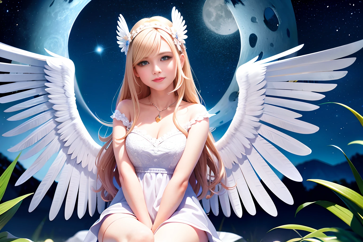cute angel with feathered wings looking at the night sky ((gorgeous face)) sitting on an outside marble gazebo in the night garden and surrounded by white little birds flying around it, all illuminated by the moon, intricate detailed, professional lighting, high definition, 8k, studio light
