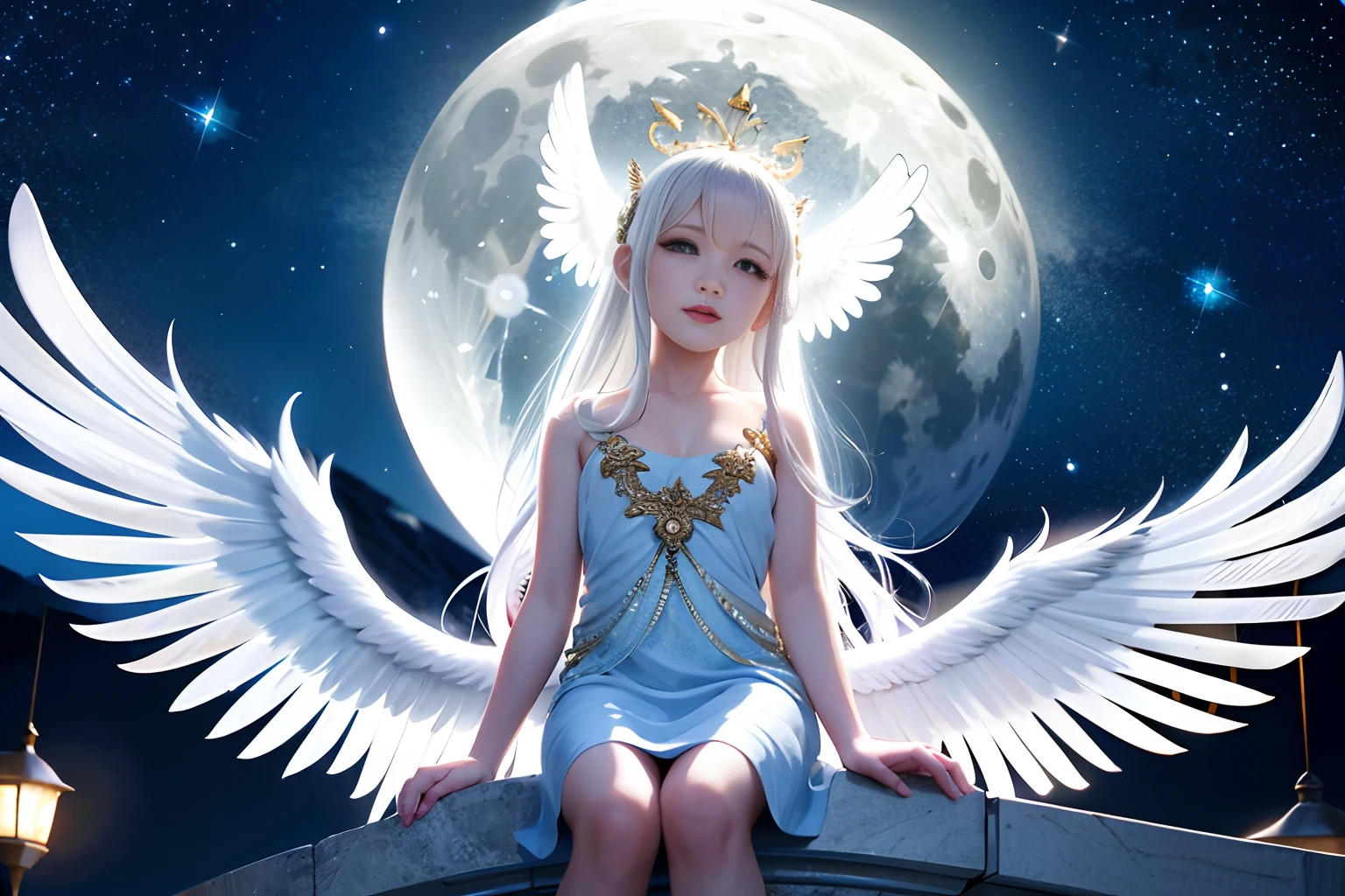 a cute angel with feathered wings looks at the night sky (gorgeous face)) sits on an open marble gazebo in the night garden, surrounded by white birds flying around him, illuminated by the moon, intricate detailed professional lighting, high resolution, 8k, studio light