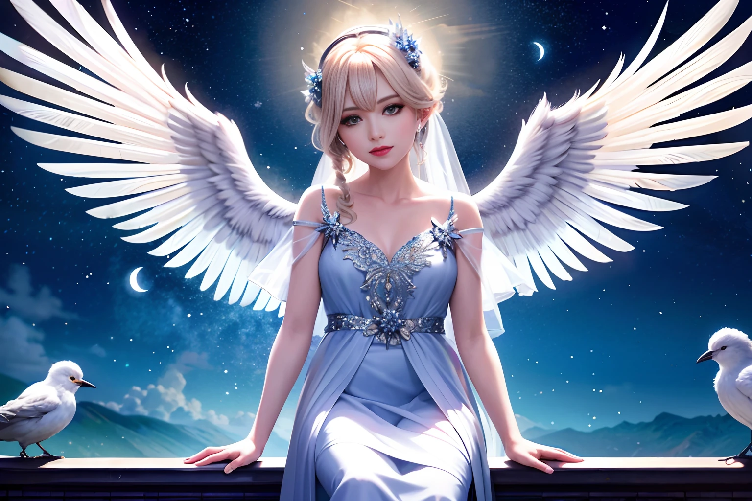 a cute angel with feathered wings looks at the night sky (gorgeous face)) sits on an open marble gazebo in the night garden, surrounded by white birds flying around him, illuminated by the moon, intricate detailed professional lighting, high resolution, 8k, studio light