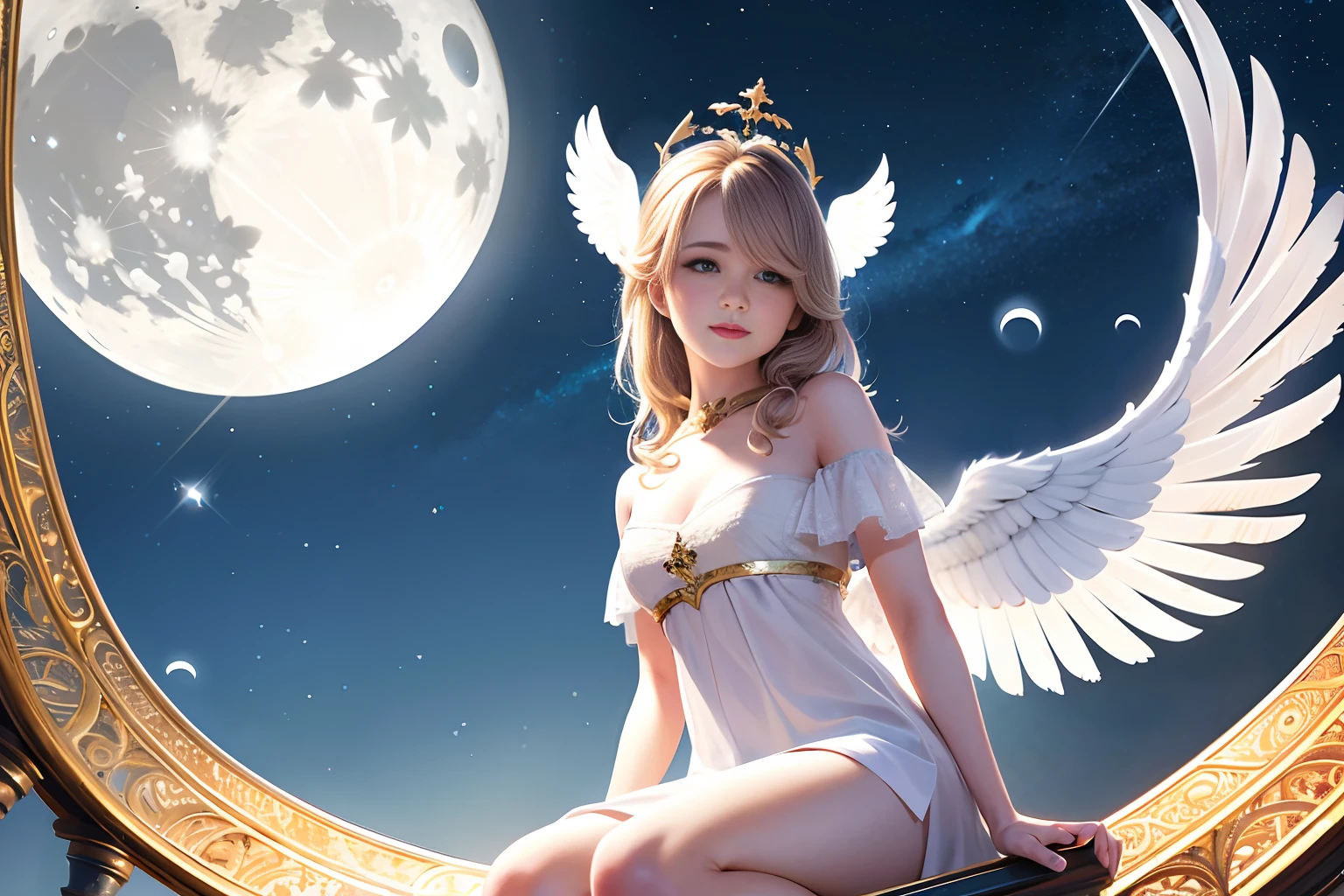 a cute angel with feathered wings looks at the night sky (gorgeous face)) sits on an open marble gazebo in the night garden, surrounded by white birds flying around him, illuminated by the moon, intricate detailed professional lighting, high resolution, 8k, studio light