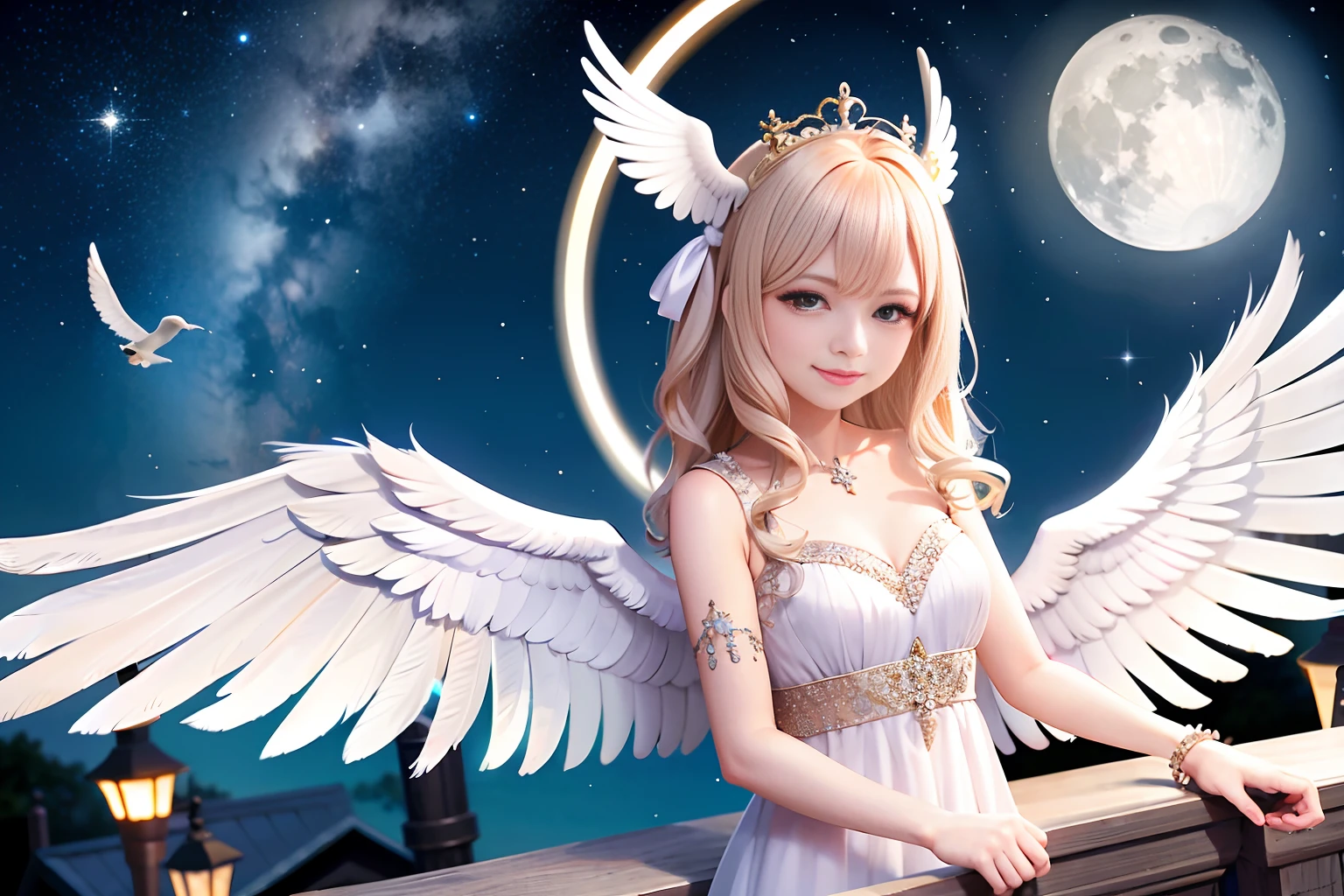 a cute angel with feathered wings looks at the night sky (gorgeous face)) sits on an open marble gazebo in the night garden, surrounded by white birds flying around him, illuminated by the moon, intricate detailed professional lighting, high resolution, 8k, studio light
