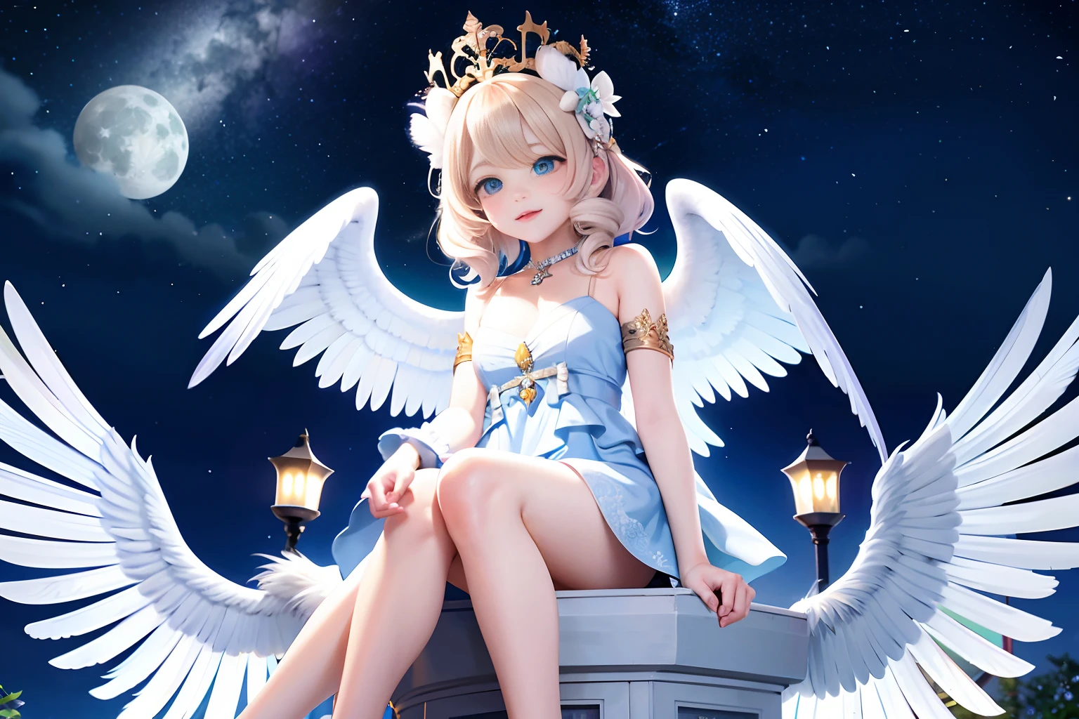 a cute angel with feathered wings looks at the night sky (gorgeous face)) sits on an open marble gazebo in the night garden, surrounded by white birds flying around him, illuminated by the moon, intricate detailed professional lighting, high resolution, 8k, studio light