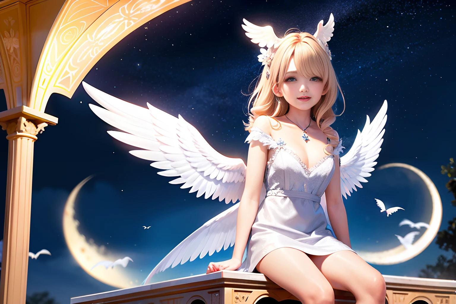 a cute angel with feathered wings looks at the night sky (gorgeous face)) sits on an open marble gazebo in the night garden, surrounded by white birds flying around him, illuminated by the moon, intricate detailed professional lighting, high resolution, 8k, studio light