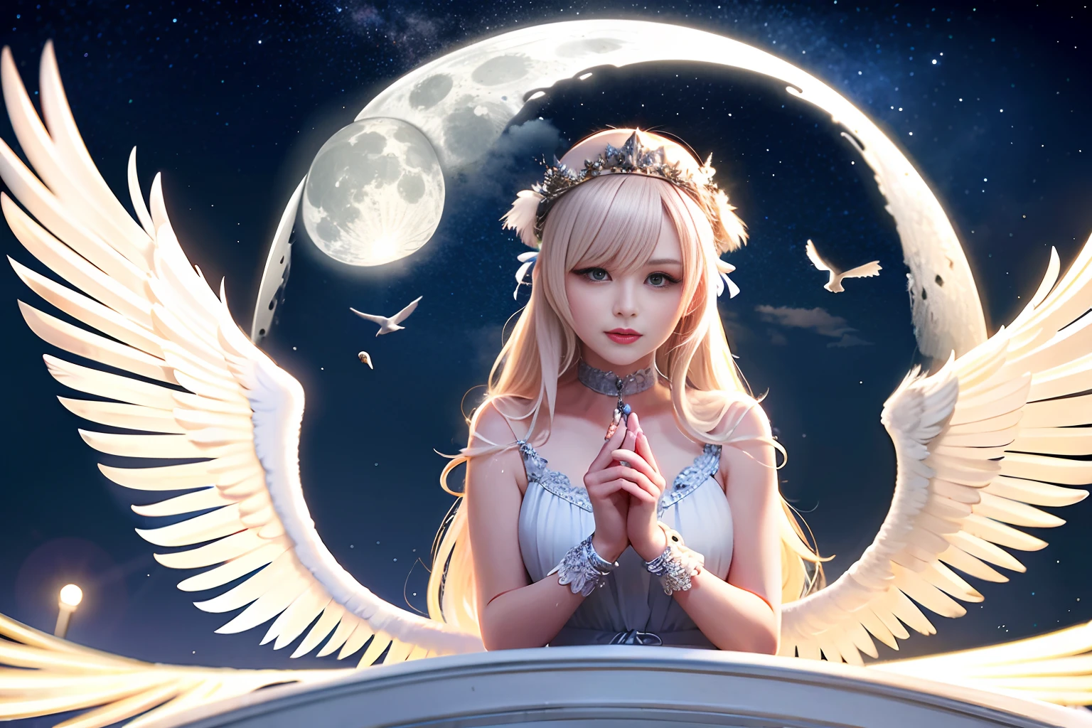 a cute angel with feathered wings looks at the night sky (gorgeous face)) sits on an open marble gazebo in the night garden, surrounded by white birds flying around him, illuminated by the moon, intricate detailed professional lighting, high resolution, 8k, studio light