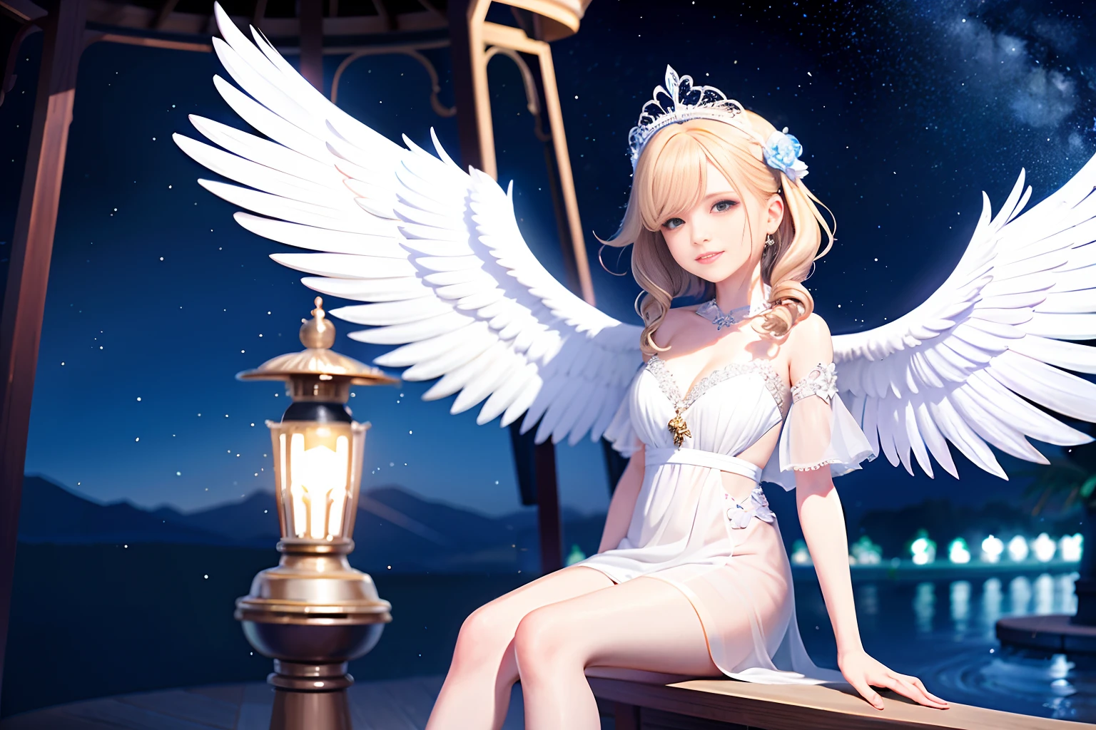 a cute angel with feathered wings looks at the night sky (gorgeous face)) sits on an open marble gazebo in the night garden, surrounded by white birds flying around him, illuminated by the moon, intricate detailed professional lighting, high resolution, 8k, studio light