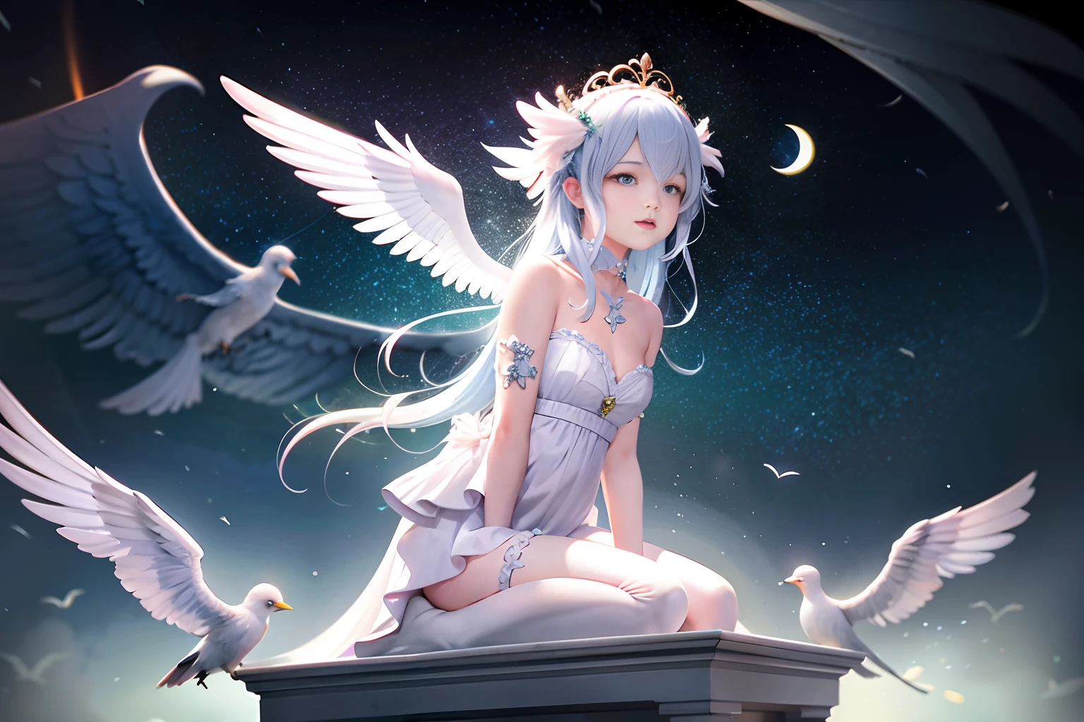 a cute angel with feathered wings looks at the night sky (gorgeous face)) sits on an open marble gazebo in the night garden, surrounded by white birds flying around him, illuminated by the moon, intricate detailed professional lighting, high resolution, 8k, studio light