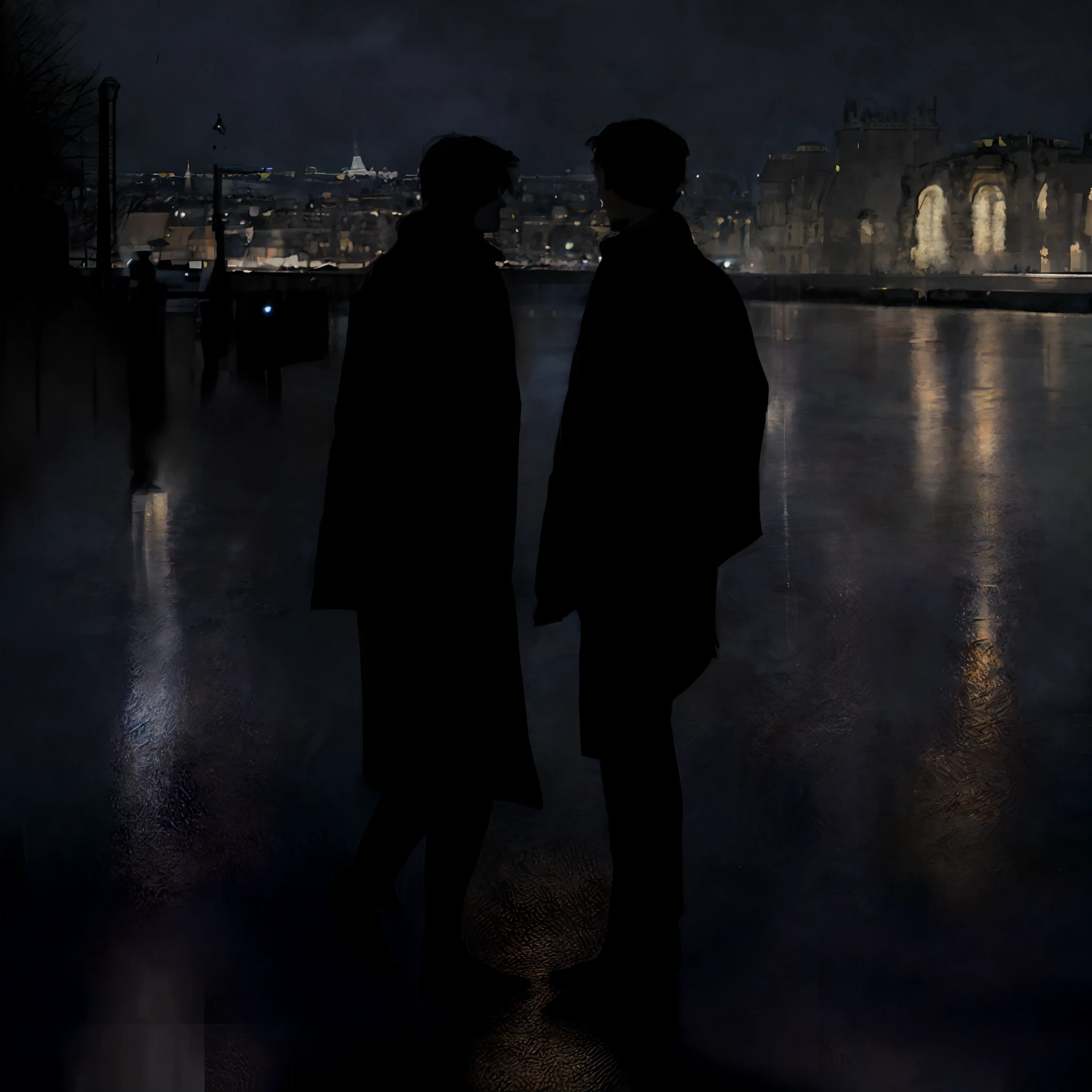 brushfulabstraction style, rain, rainy night in Paris, rainy sky, masterpiece, clouds, starry, dreamlike, two man, only two man in the image, impressionism, vibrant colors, volumetric lighting, soft light, diffused lighting, radiant light rays
