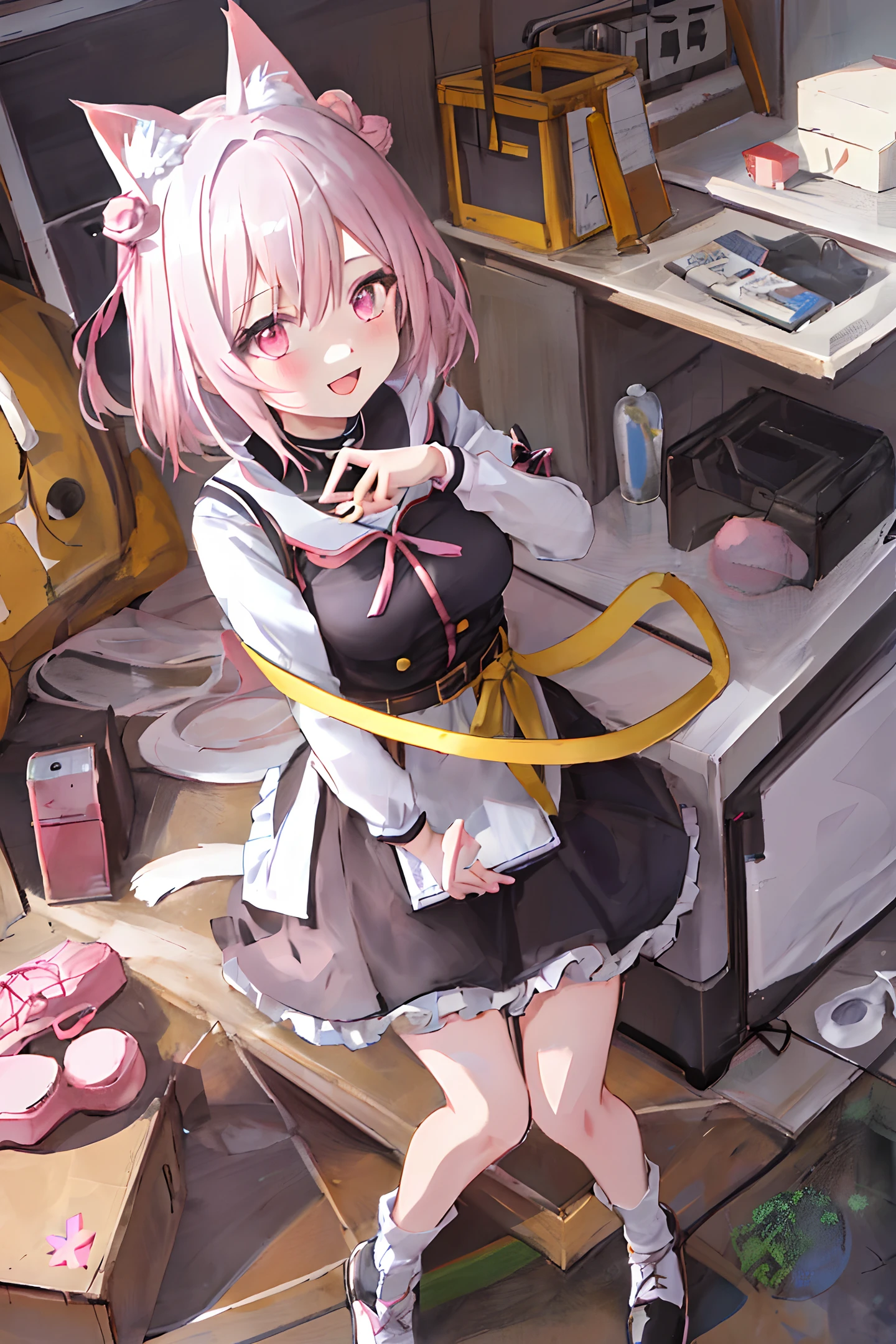 An anime girl with a pair of Cat ears, the inside of the ears a soft white fluff, her eyes wide and curious, she Excited and happy to see me, beautiful eyes, white hair, pink eyes, good art, good drawing, anime 2d, 2d, cute, 2 hands and 5 fingers on each hand, beautiful hands, good drawn hands, 4k, 8k,