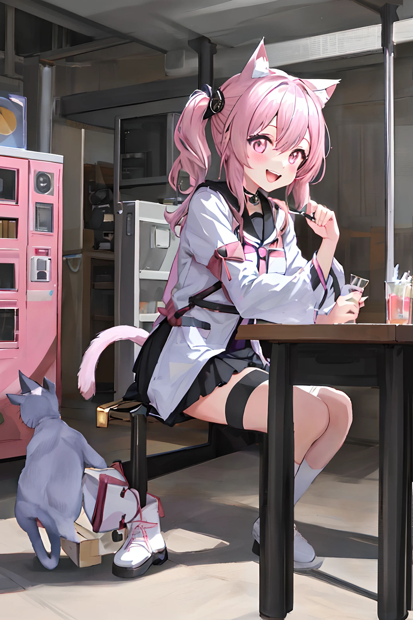 An anime girl with a pair of Cat ears, the inside of the ears a soft white fluff, her eyes wide and curious, she Excited and happy to see me, beautiful eyes, white hair, pink eyes, good art, good drawing, anime 2d, 2d, cute, 2 hands and 5 fingers on each hand, beautiful hands, good drawn hands, 4k, 8k,