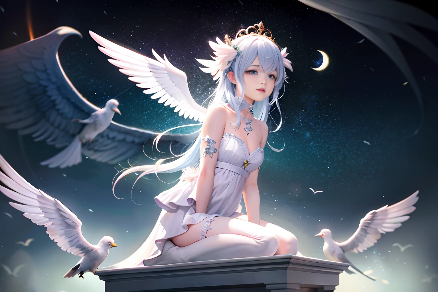 a cute angel with feathered wings looks at the night sky (gorgeous face)) sits on an open marble gazebo in the night garden, surrounded by white birds flying around him, illuminated by the moon, intricate detailed professional lighting, high resolution, 8k, studio light