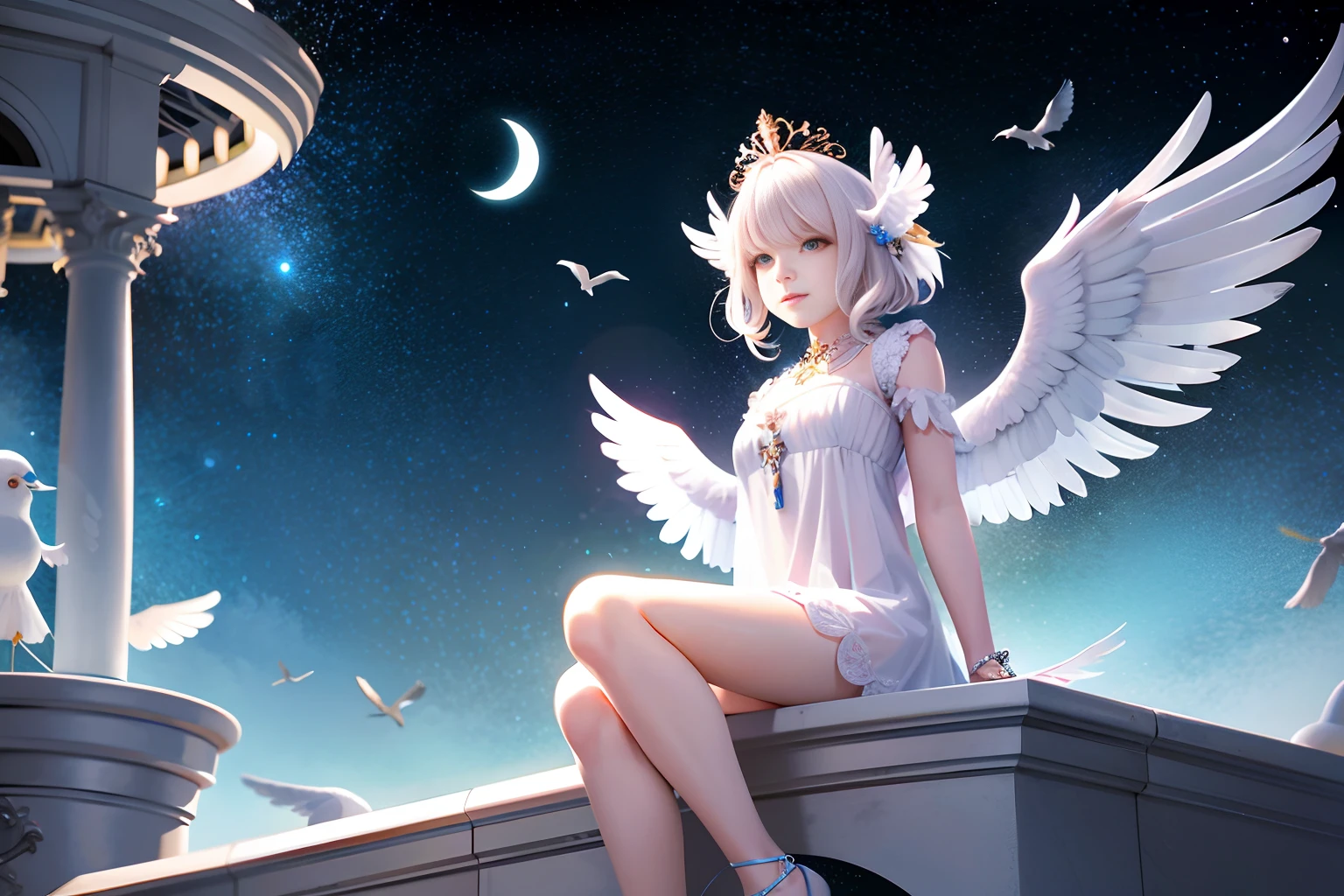 a cute angel with feathered wings looks at the night sky (gorgeous face)) sits on an open marble gazebo in the night garden, surrounded by white birds flying around him, illuminated by the moon, intricate detailed professional lighting, high resolution, 8k, studio light