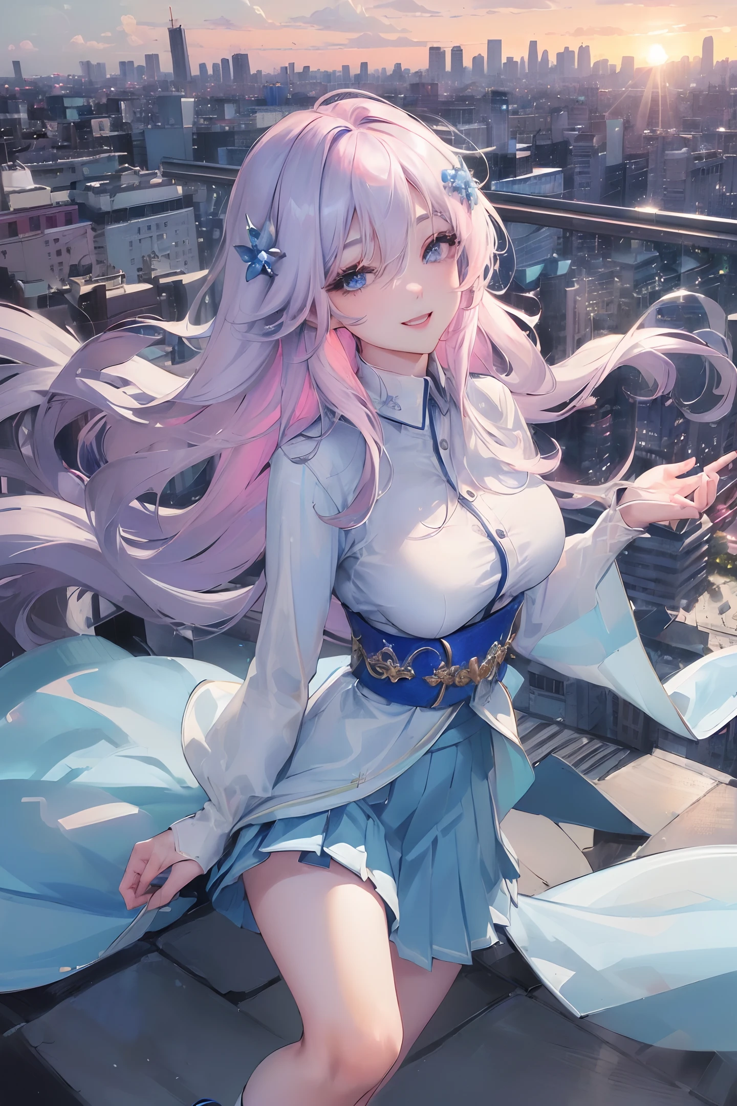 official art, masterpiece, sharp focus, (beautiful gorgeous cute Korean woman:1.3), (beautiful cute korean:1.3), korean beauty, Delicate and beautiful hair and eyes and face, realistic, ultra detailed, beautiful girl, blue sky, glow white particle, (sidelighting:1.2), sun light, white cloud, detailed clouds, slender, Lovely very large breasts and very large hips, smile with teeth, ((smile with eyes, open both eyes)), scenery, long straight hair, sexy facial expression, building, (cityscape:1.7), dynamic hair, long straight hair, detailed platinum pink hair, glow blue eyes, (blue pleated shirts + white skirt), white long socks, pale skin, hair ornament, epic scenery,