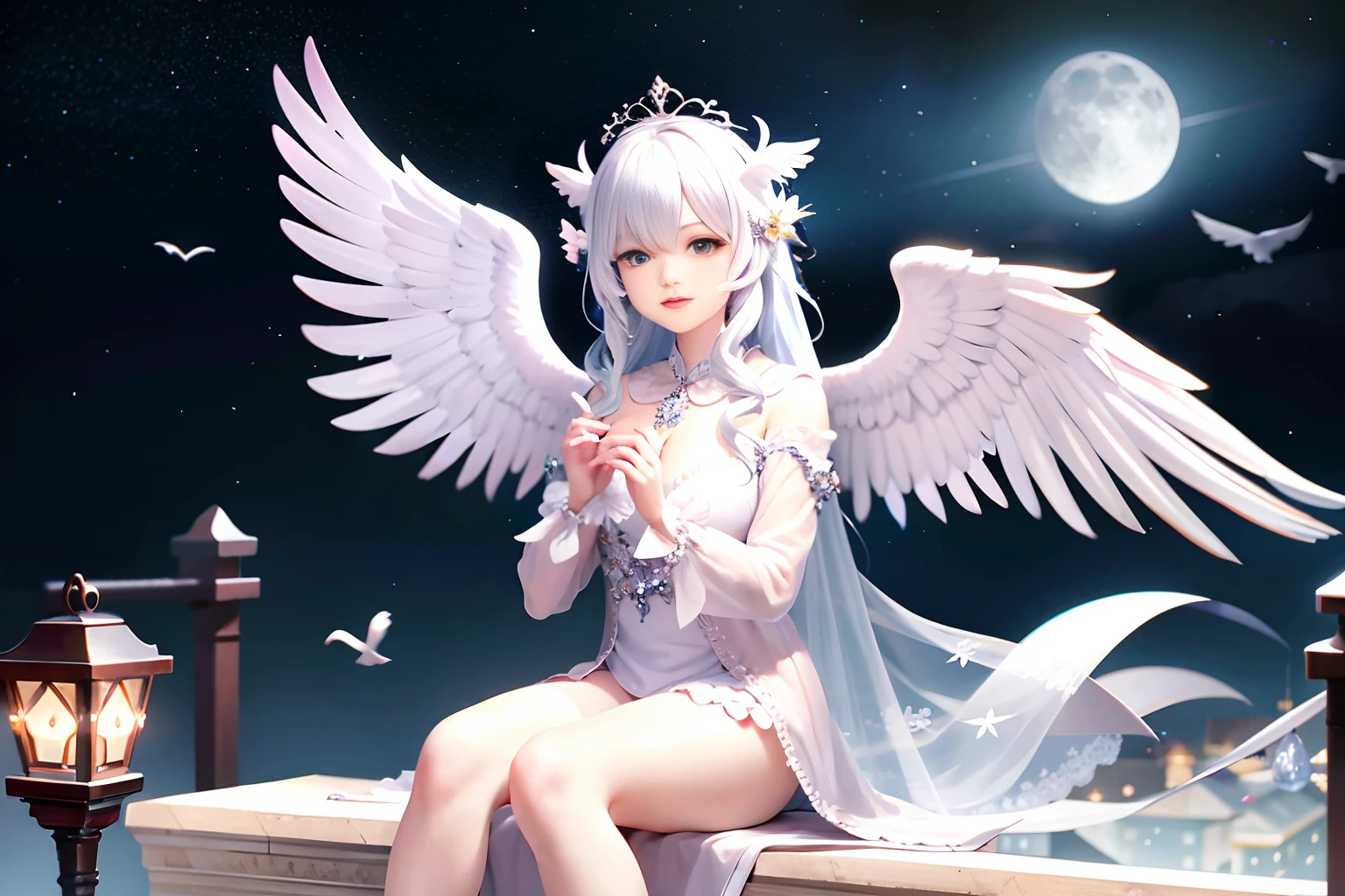 a cute angel with feathered wings looks at the night sky (gorgeous face)) sits on an open marble gazebo in the night garden, surrounded by white birds flying around him, illuminated by the moon, intricate detailed professional lighting, high resolution, 8k, studio light
