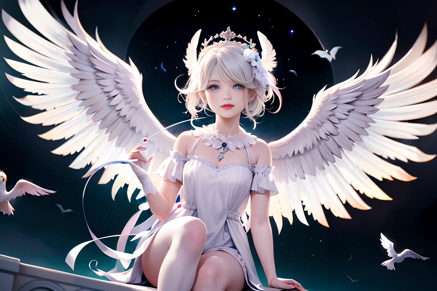 a cute angel with feathered wings looks at the night sky (gorgeous face)) sits on an open marble gazebo in the night garden, surrounded by white birds flying around him, illuminated by the moon, intricate detailed professional lighting, high resolution, 8k, studio light