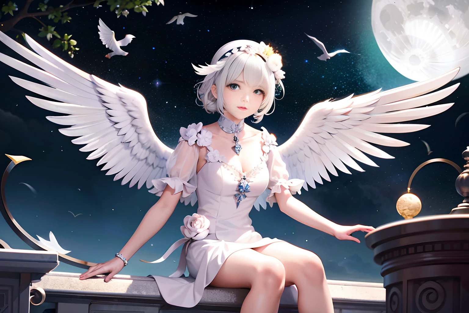 a cute angel with feathered wings looks at the night sky (gorgeous face)) sits on an open marble gazebo in the night garden, surrounded by white birds flying around him, illuminated by the moon, intricate detailed professional lighting, high resolution, 8k, studio light