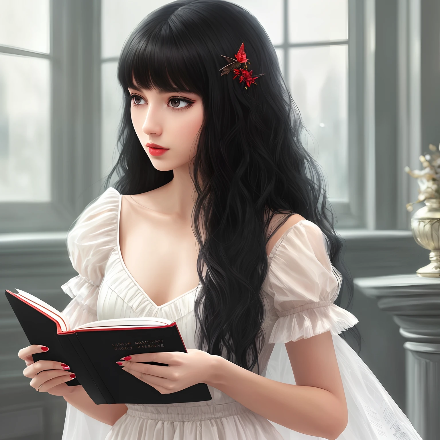 high-quality digital art, wavy long hair, black hair, bangs, straight bangs, brown eyes, red lips, white skin, red nails, picture-perfect face, flawless, clean, masterpiece, (((sharp))) ((focus)) (instagram) (8k) masterpiece, beautiful outfit, delicate tracing, pink accents, digital painting, inside, library, highly detailed light, cinematic light, high-quality, a digital painting masterpiece, best quality, absurdly high resolution, purring cat, detailed background, reading a book, magic book, big window, moon, shiny reflection, intricate details, glow, shiny hair, long black hair, lustrous skin, smooth, one girl