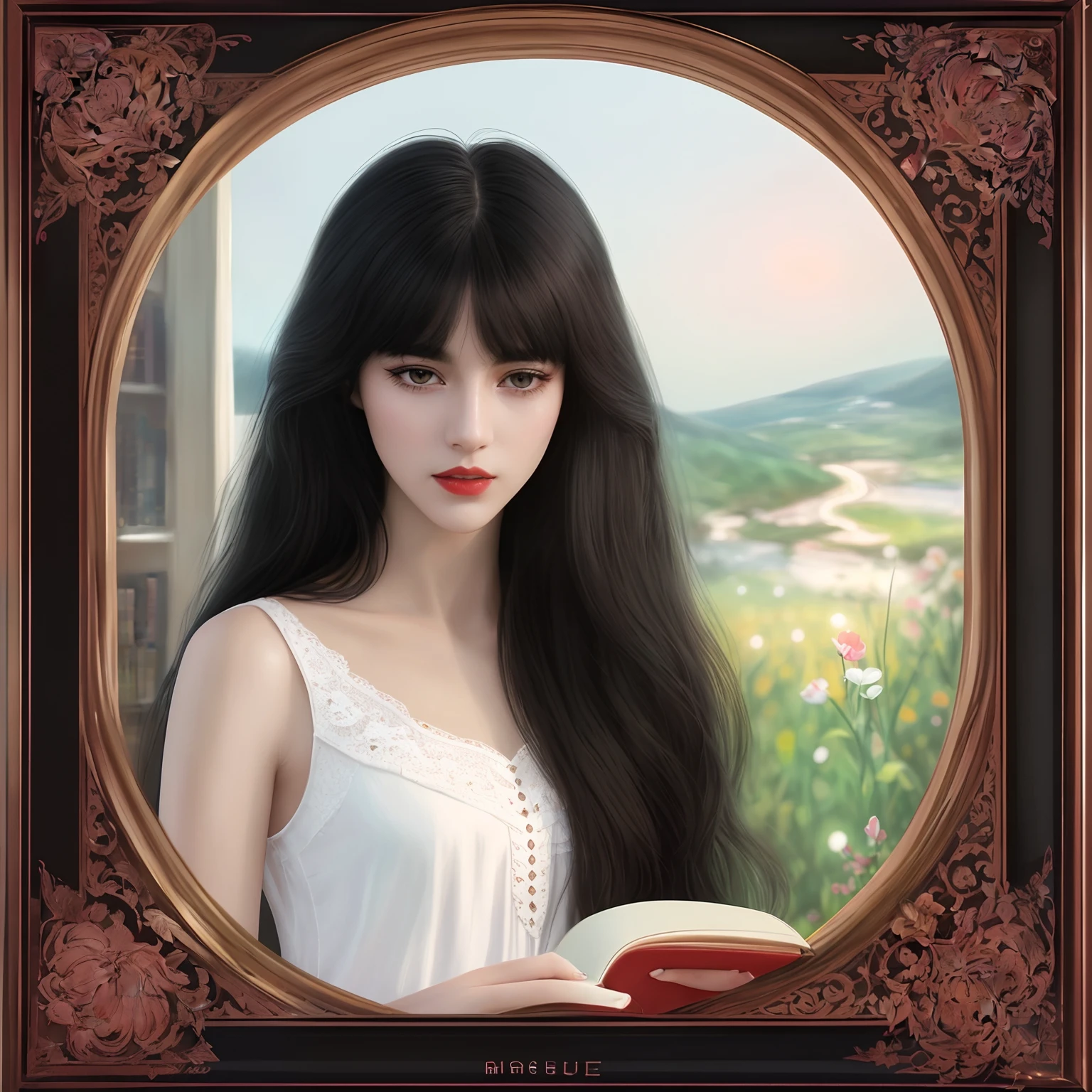 high-quality digital art, wavy long hair, black hair, bangs, straight bangs, brown eyes, red lips, white skin, red nails, picture-perfect face, flawless, clean, masterpiece, (((sharp))) ((focus)) (instagram) (8k) masterpiece, beautiful outfit, delicate tracing, pink accents, digital painting, inside, library, highly detailed light, cinematic light, high-quality, a digital painting masterpiece, best quality, absurdly high resolution, purring cat, detailed background, reading a book, magic book, big window, moon, shiny reflection, intricate details, glow, shiny hair, long black hair, rous skin, smooth, one girl