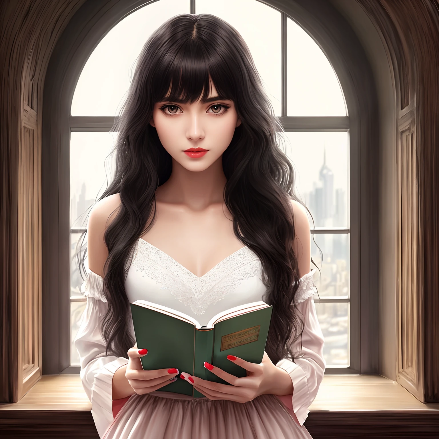 high-quality digital art, wavy long hair, black hair, bangs, straight bangs, brown eyes, red lips, white skin, red nails, picture-perfect face, flawless, clean, masterpiece, (((sharp))) ((focus)) (instagram) (8k) masterpiece, beautiful outfit, delicate tracing, pink accents, digital painting, inside, library, highly detailed light, cinematic light, high-quality, a digital painting masterpiece, best quality, absurdly high resolution, purring cat, detailed background, reading a book, magic book, big window, moon, shiny reflection, intricate details, glow, shiny hair, long black hair, lustrous skin, smooth, one girl