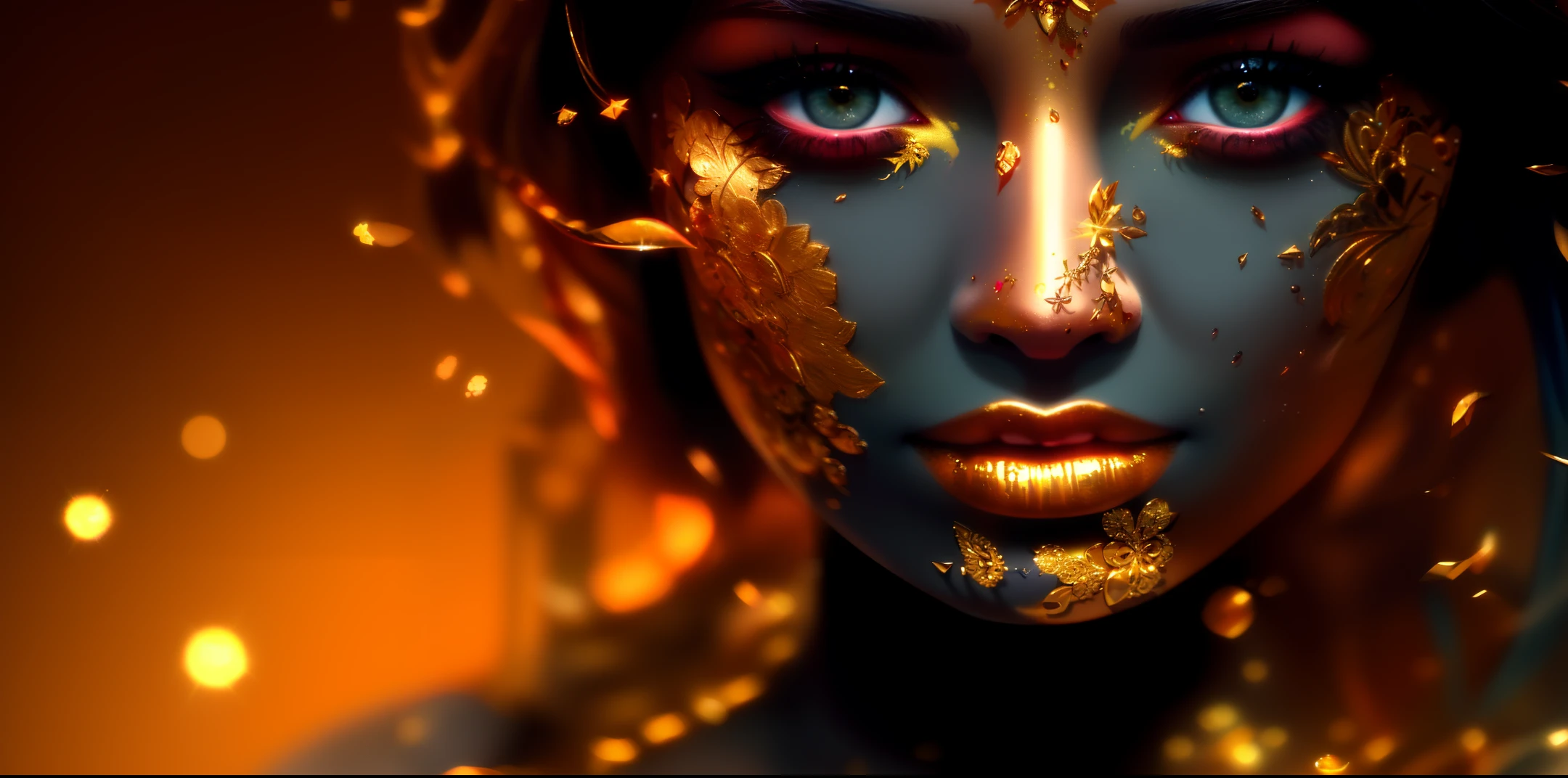 a close up of a woman with gold paint on her face, by Hedi Xandt, golden bodypaint, 8k artistic portrait photography, gold bodypaint, inspired by Hedi Xandt, golden face tattoos, with gold eyes, golden skin, dramatic lighting on the face, a stunning portrait of a goddess, glowing rich colors, gold glow, a close up of a woman with gold paint on her face, digital art by Hedi Xandt, cgsociety contest winner, digital art, golden bodypaint, 8k artistic portrait photography, gold bodypaint, golden face tattoos, with gold eyes, golden skin, dramatic lighting on the face, a stunning portrait of a goddess, glowing rich colors, gold glow.