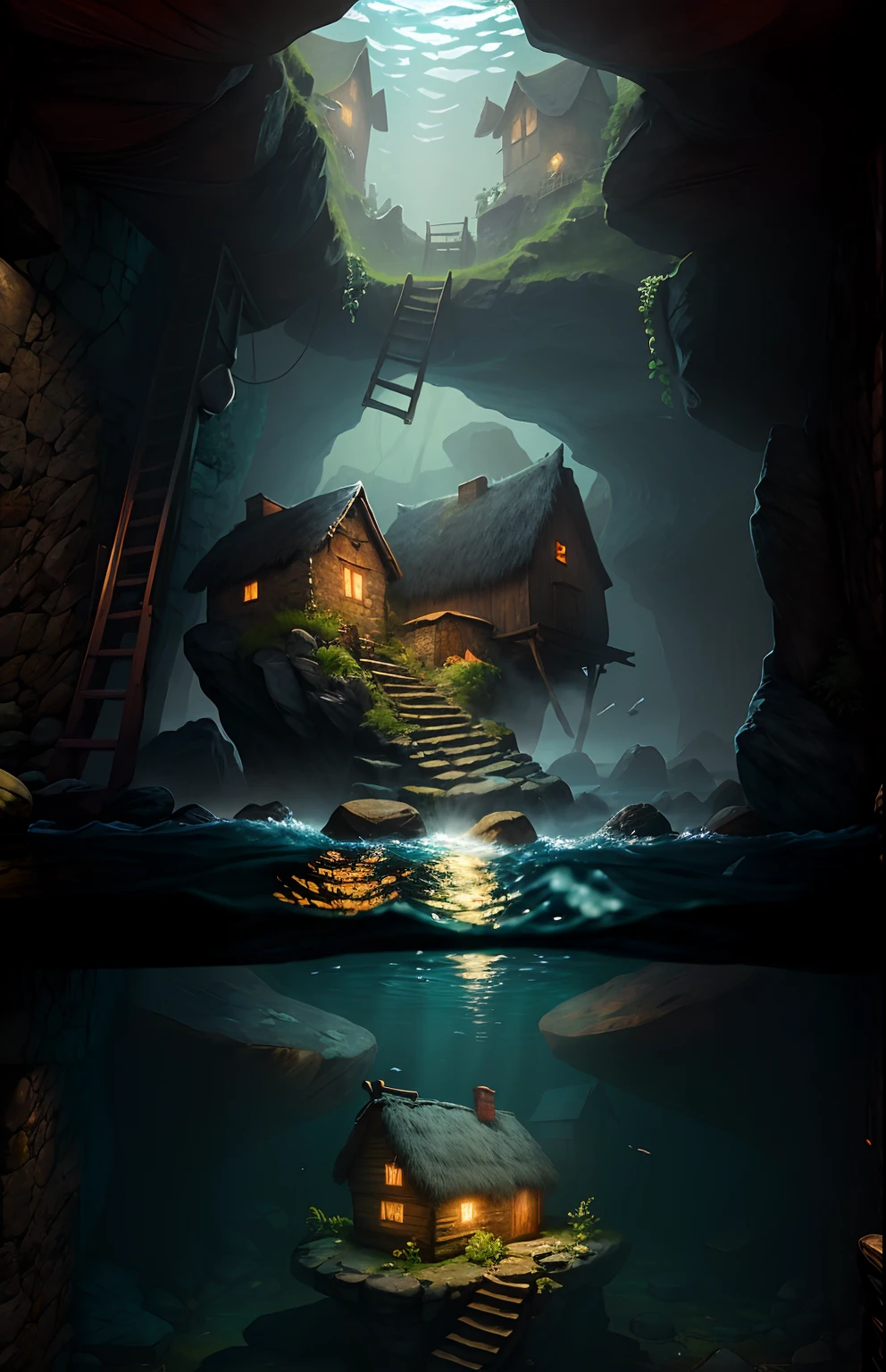 The scene features a small wooden cottage built on top of a rocky outcrop. The cottage has a small chimney on its roof and is divided into two parts: one half enclosed with sliding windows, the other half open with railings. A staircase connects the rocky outcrop to the cottage. The horizon line splits the picture in half, with the lower half showing clear water that reveals the underwater basement beneath the cottage. Several pillars support the structure from below the surface, giving it a surreal appearance.