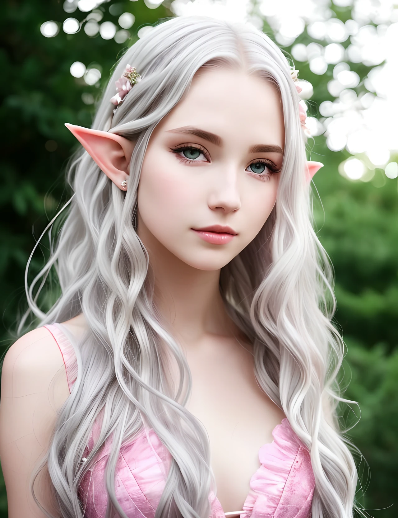Long loose blond hair, lavender eyes, milky white skin, top image quality, full body details, fluttering dress, perfect face, amazing eyes, pointed elf ears
