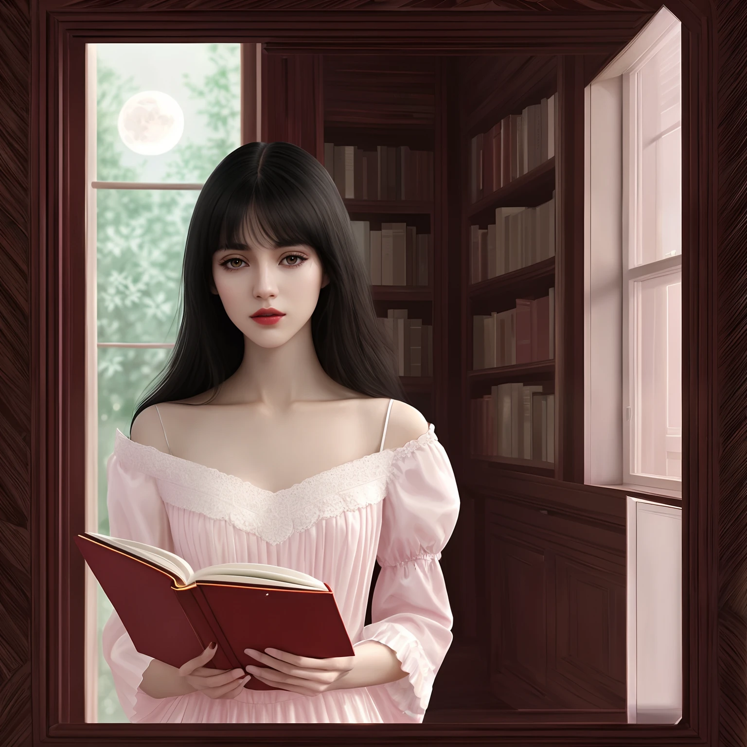 high-quality digital art, wavy long hair, black hair, bangs, straight bangs, brown eyes, red lips, white skin, red nails, picture-perfect face, flawless, clean, masterpiece, (((sharp))) ((focus)) (instagram) (8k) masterpiece, beautiful outfit, delicate tracing, pink accents, digital painting, inside, library, highly detailed light, cinematic light, high-quality, a digital painting masterpiece, best quality, absurdly high resolution, purring cat, detailed background, reading a book, magic book, big window, moon, shiny reflection, intricate details, glow, shiny hair, long black hair, lustrous skin, smooth, one girl