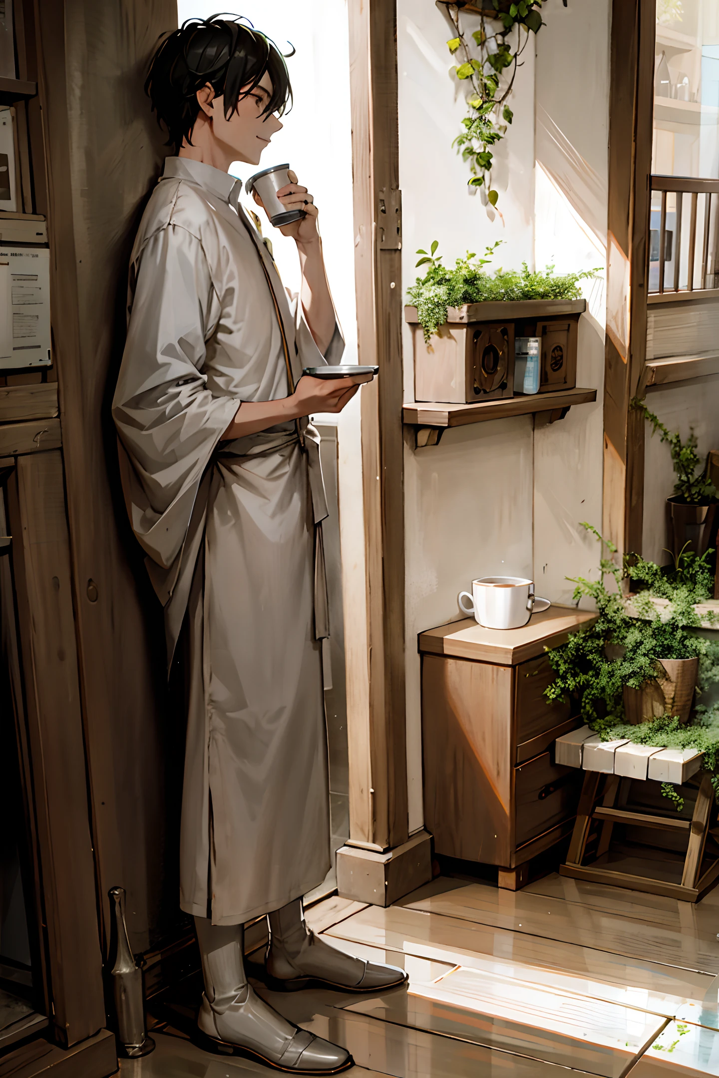 a pale thin man in rags is chained to a stone wall, rays of light penetrate the window bars, a young man in a caftan brings a cup of water, cinema, realism