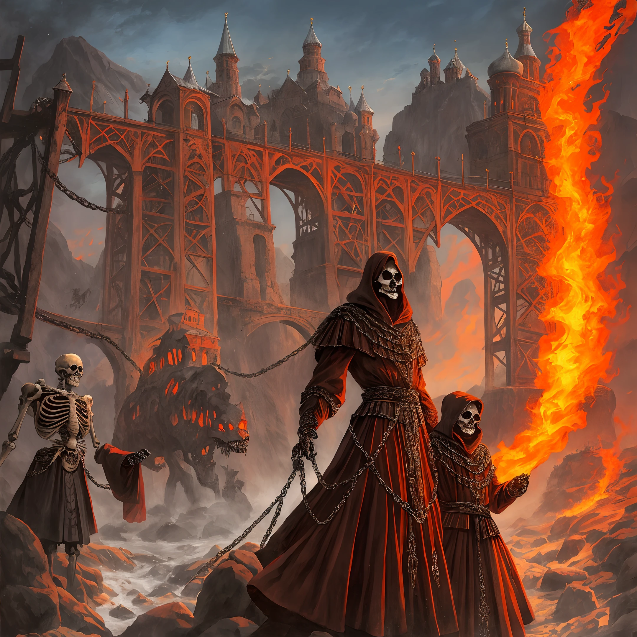terem of Koshchei The Immortal in Old Russian style, skeleton in chains, fiery river and red-hot iron bridge, dark fantasy