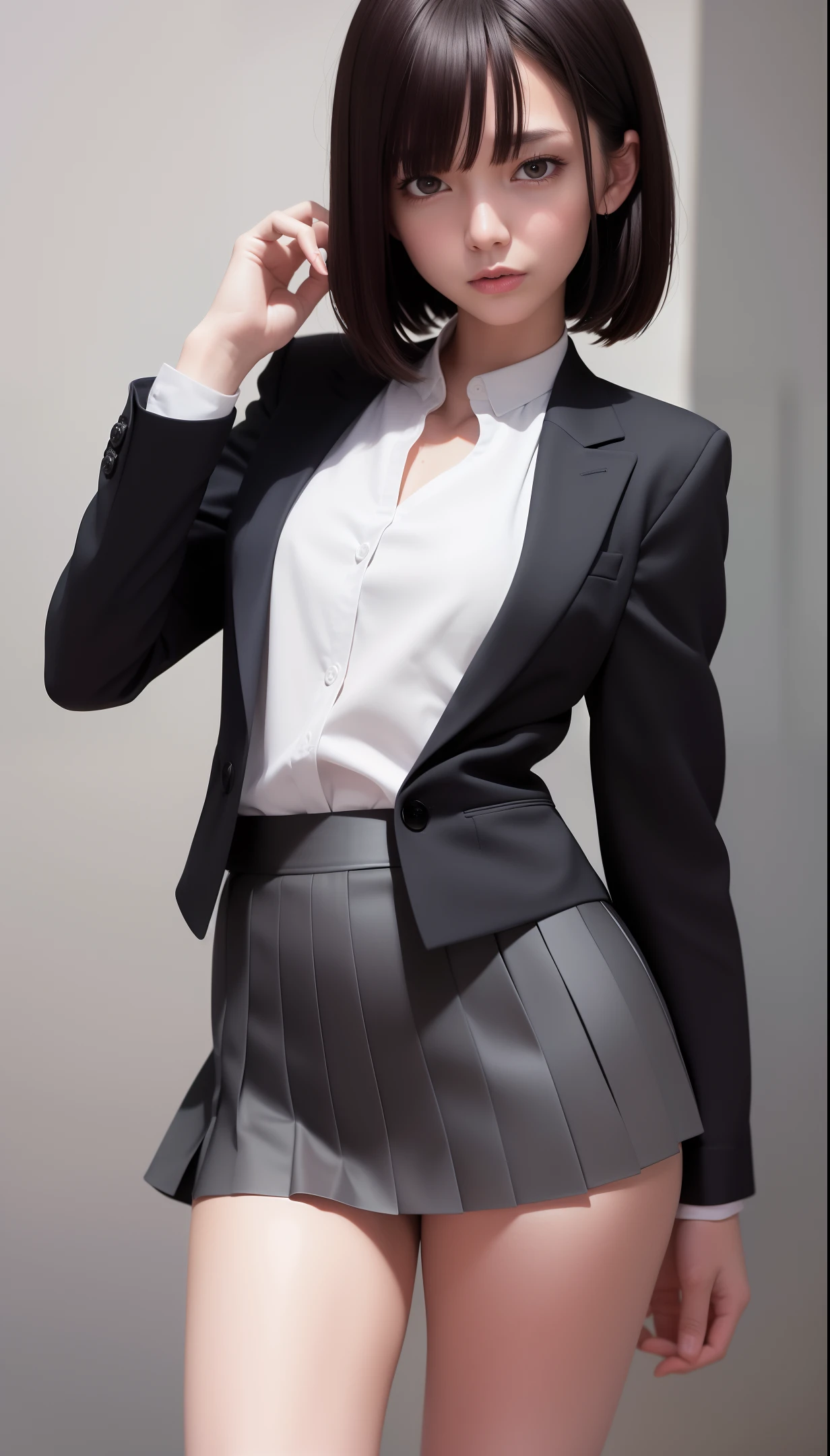 masterpiece, ultra realistic, sharp focus, ultra detailed, absurdres, highres, dynamic lighting, 50mm portrait, 1girl, solo, full body, shiny skin, cute, slender, small breasts, delicate facial features, sexy facial expression, dark grey blazer jacket, dark grey pleated skirt, white shirt, black bobcut hair, blue eyes