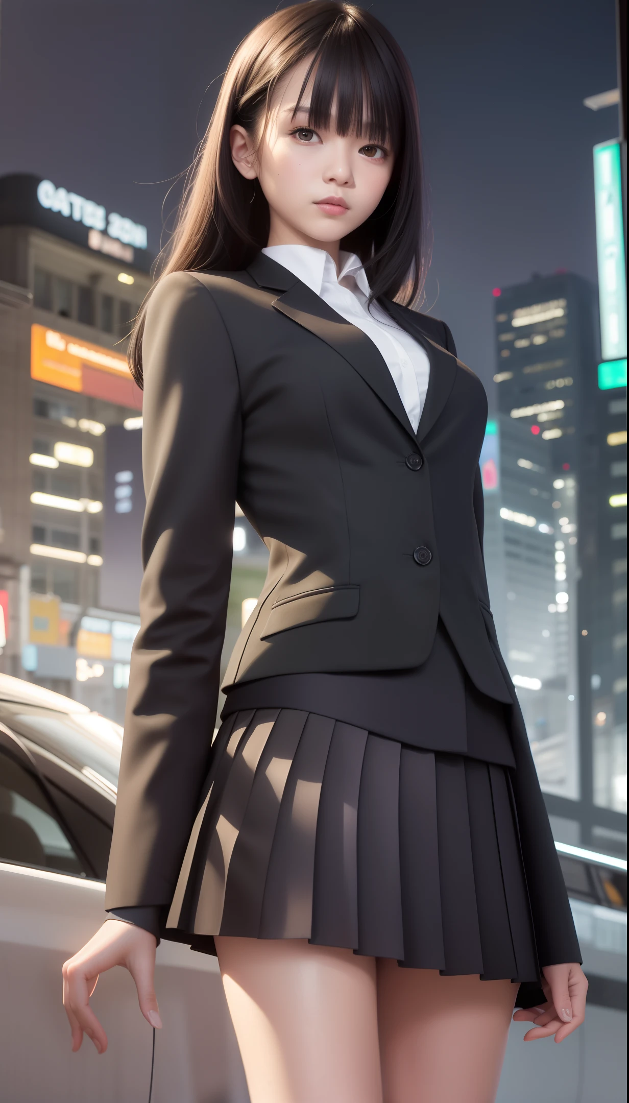 masterpiece, ultra realistic, sharp focus, ultra detailed, absurdres, highres, dynamic lighting, 50mm portrait, 1girl, solo, full body, shiny skin, cute, slender, small breasts, delicate facial features, sexy facial expression, dark grey blazer jacket, dark grey pleated skirt, white shirt, black bobcut hair, green eyes, night, city, neon