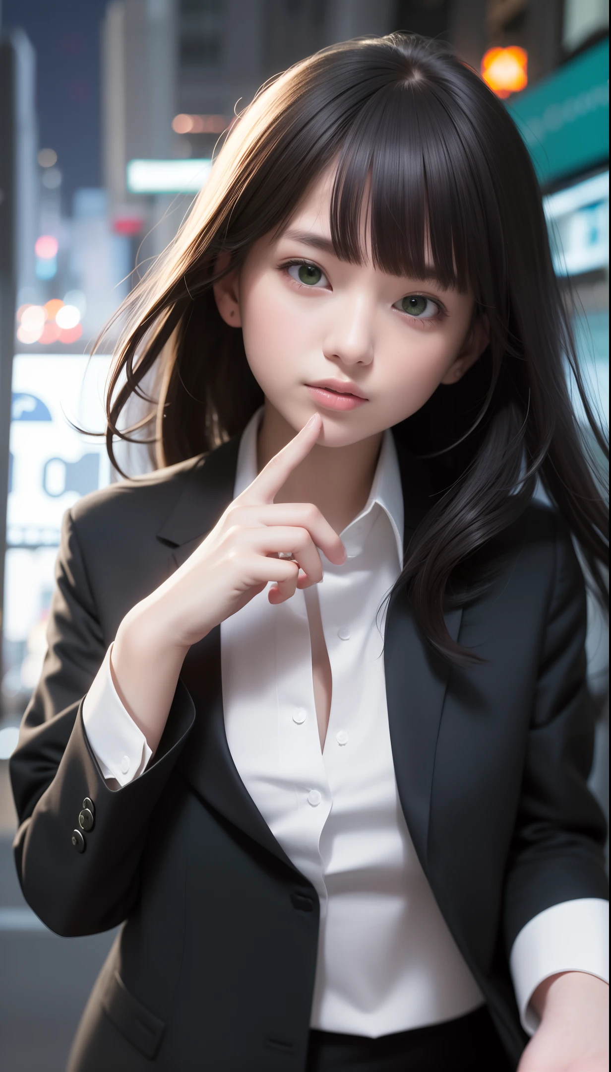 masterpiece, super realistic, sharp focus, super detail, absurd, high resolution, dynamic lighting, 50mm portrait, night, city, neon, 1 girl, solo, cute, delicate face, 2 button blazer jacket, dark grey skirt, white shirt, black long hair, green eyes