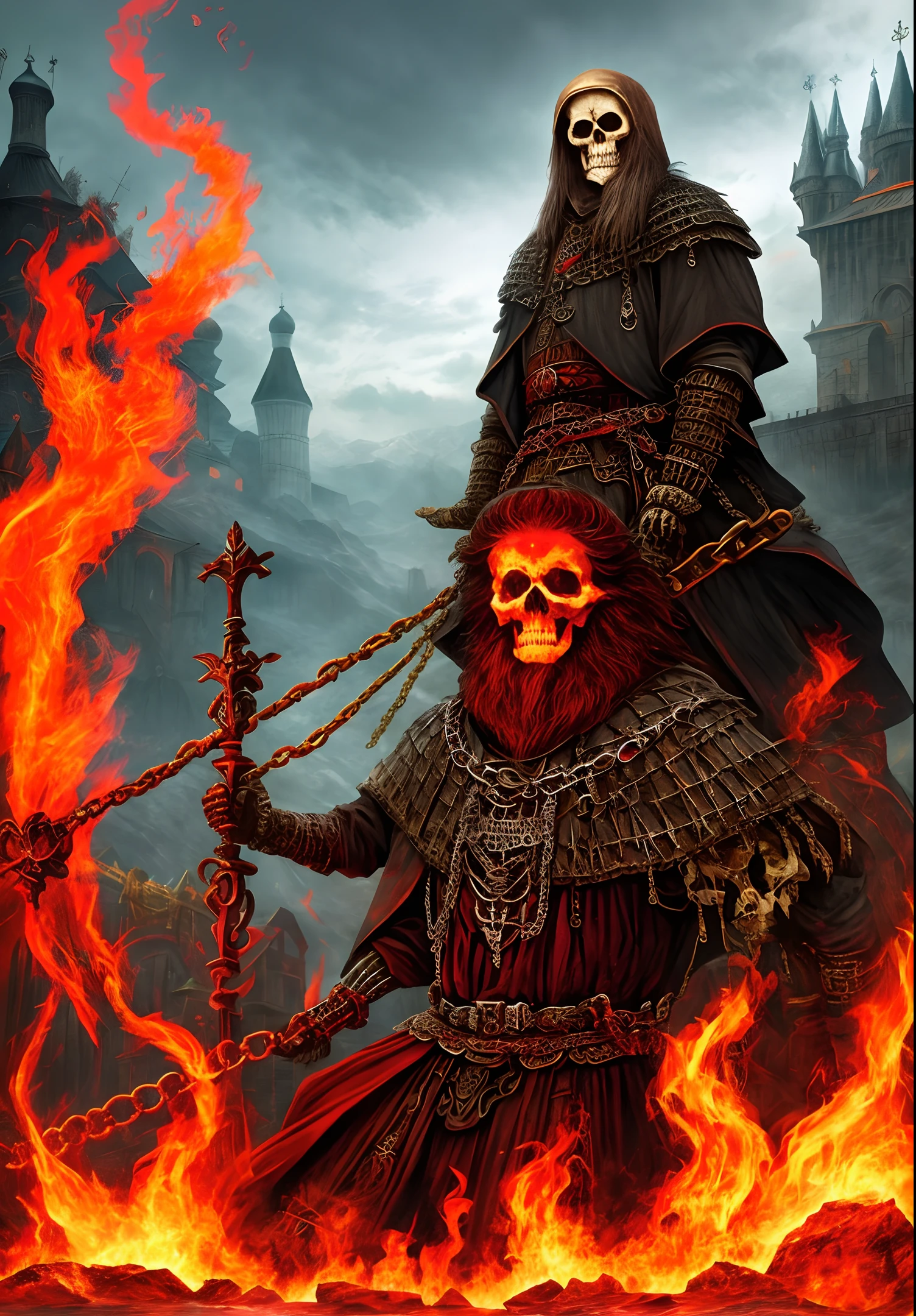 terem of Koshchei The Immortal in Old Russian style, skeleton in chains, fiery river and red-hot iron bridge, dark fantasy