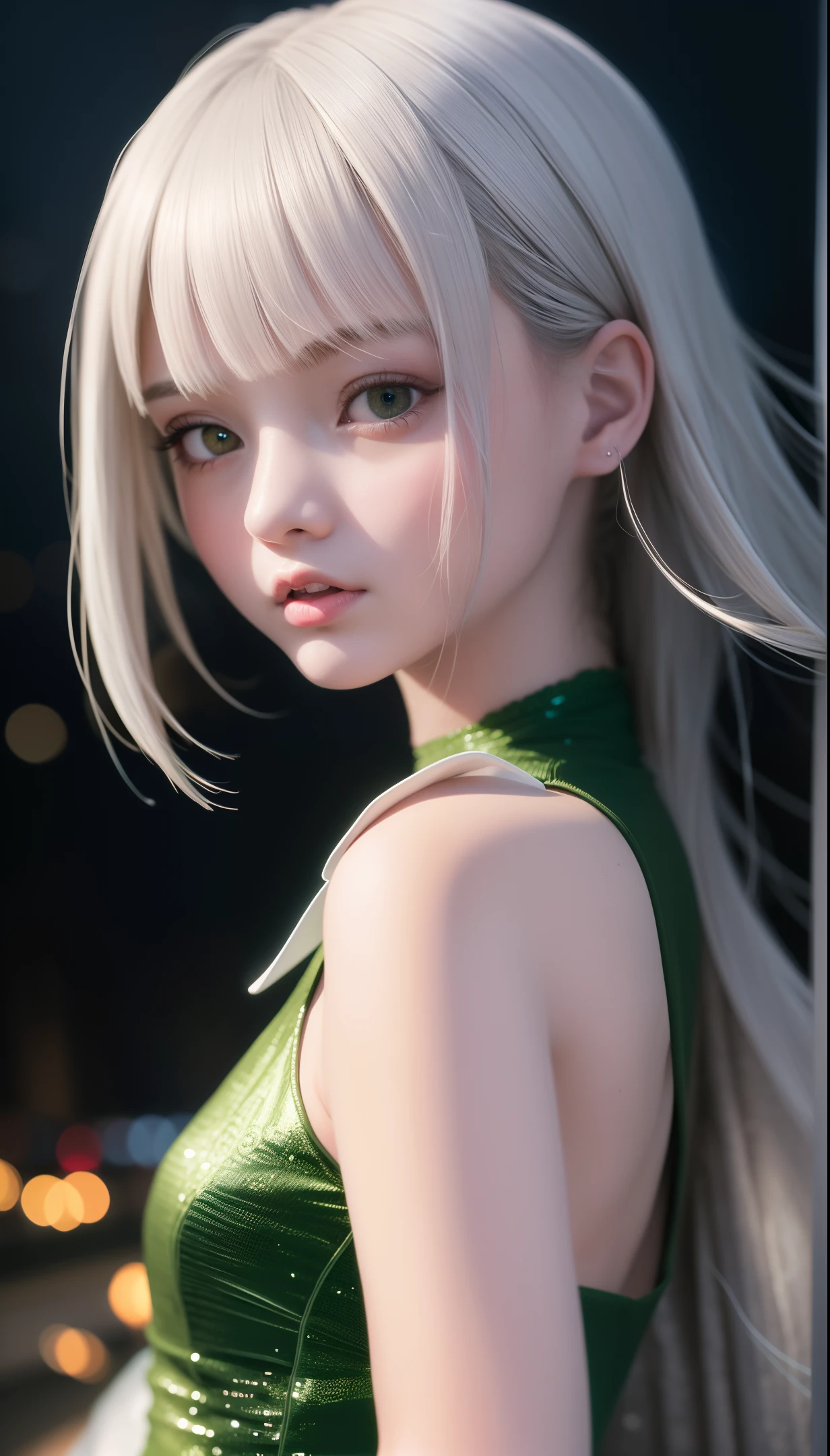 masterpiece, super realistic, sharp focus, super detail, absurd, high resolution, dynamic lighting, 50mm portrait, night, city, neon, 1 girl, solo, slender, cute, delicate face, green mini dress, silver hair