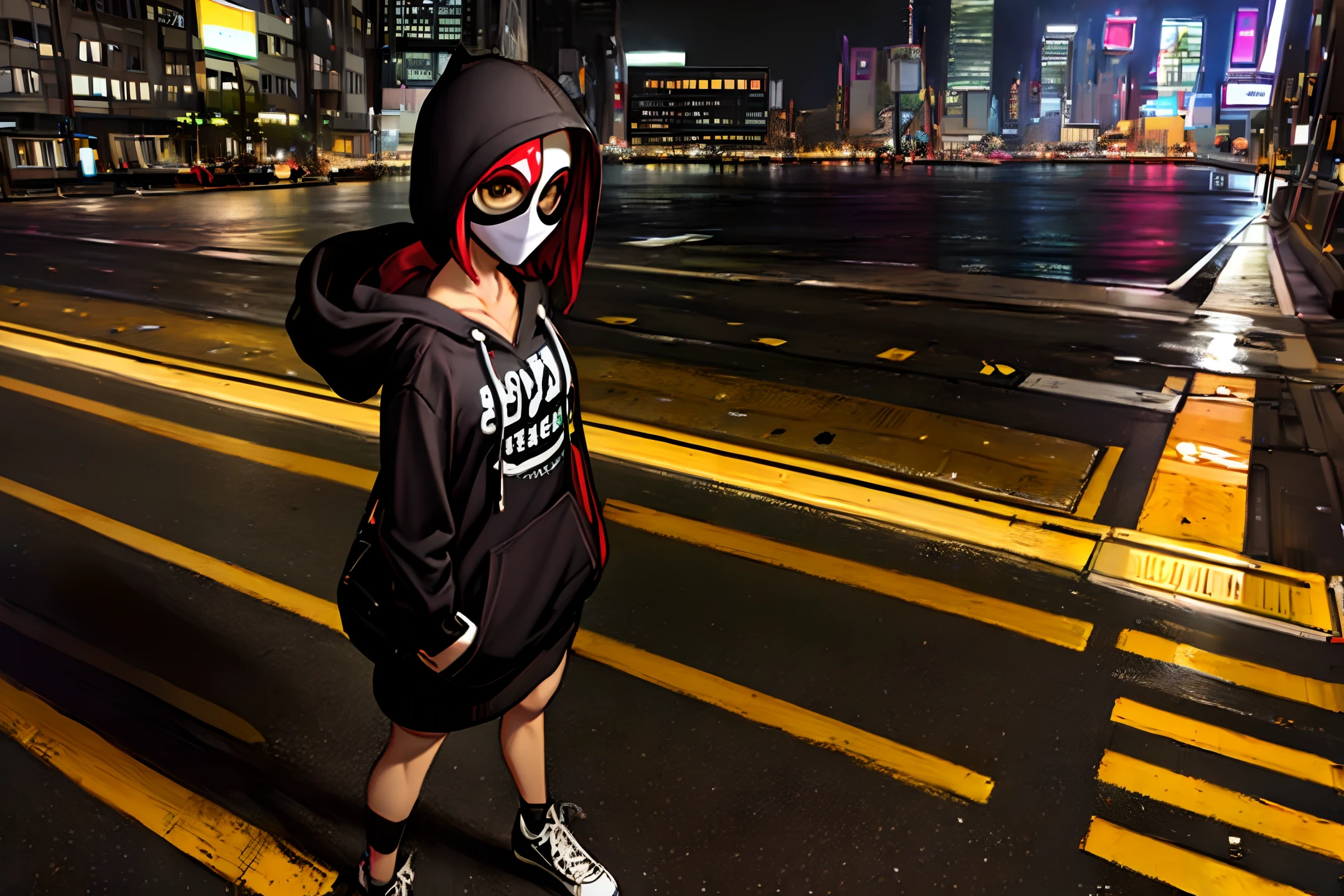 (masterpiece, best quality)), best aesthetics, mask style, very detailed background, a girl, solo, full body, hoodie, hoodie down, hoodie down, looking at the viewer, night, city, street, road, building, skyscraper, black background, dark background, seen from above, old, older, older,