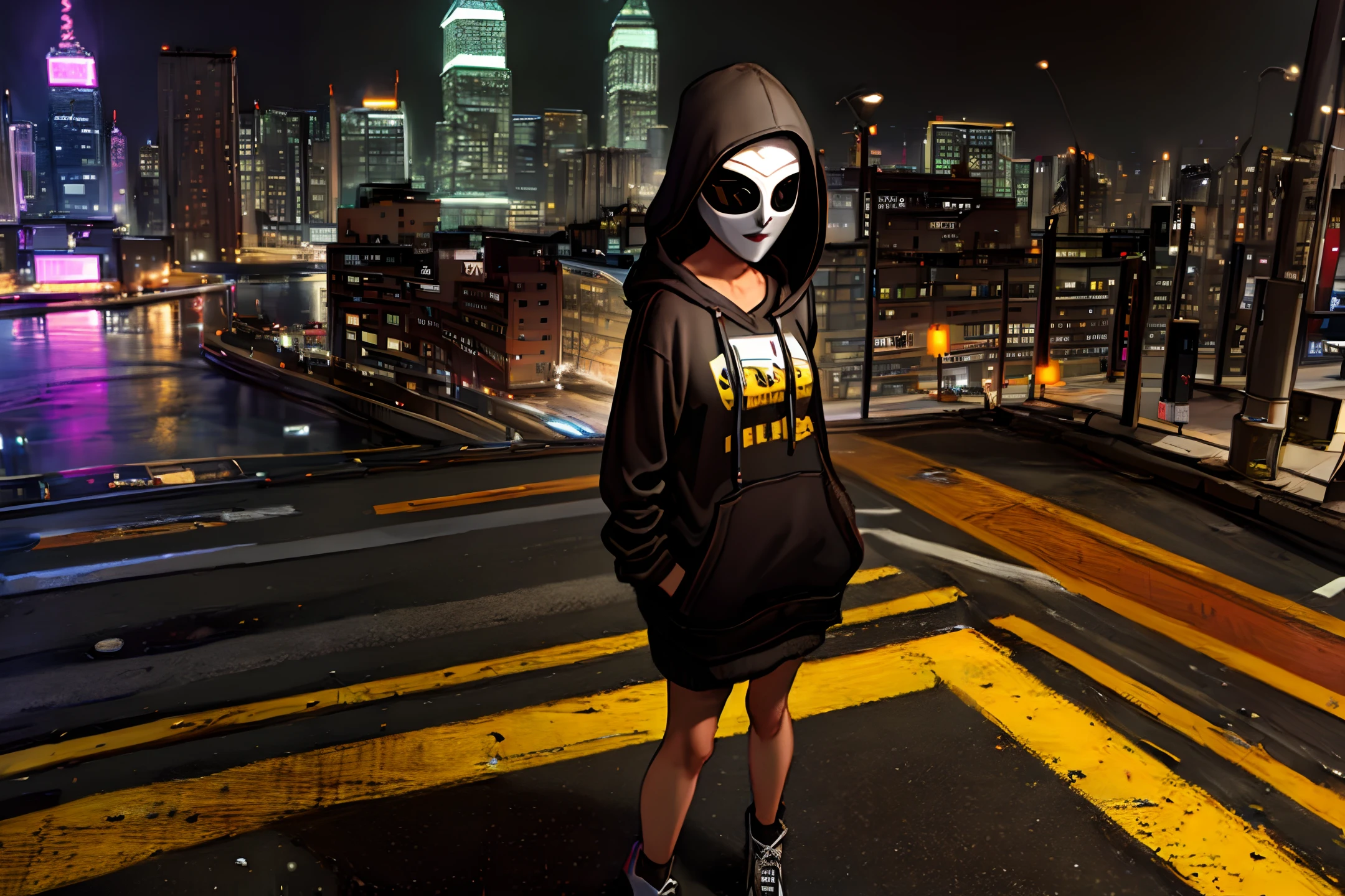 (masterpiece, best quality)), best aesthetics, mask style, very detailed background, a girl, solo, full body, hoodie, hoodie down, hoodie down, looking at the viewer, night, city, street, road, building, skyscraper, black background, dark background, seen from above, old, older, older,