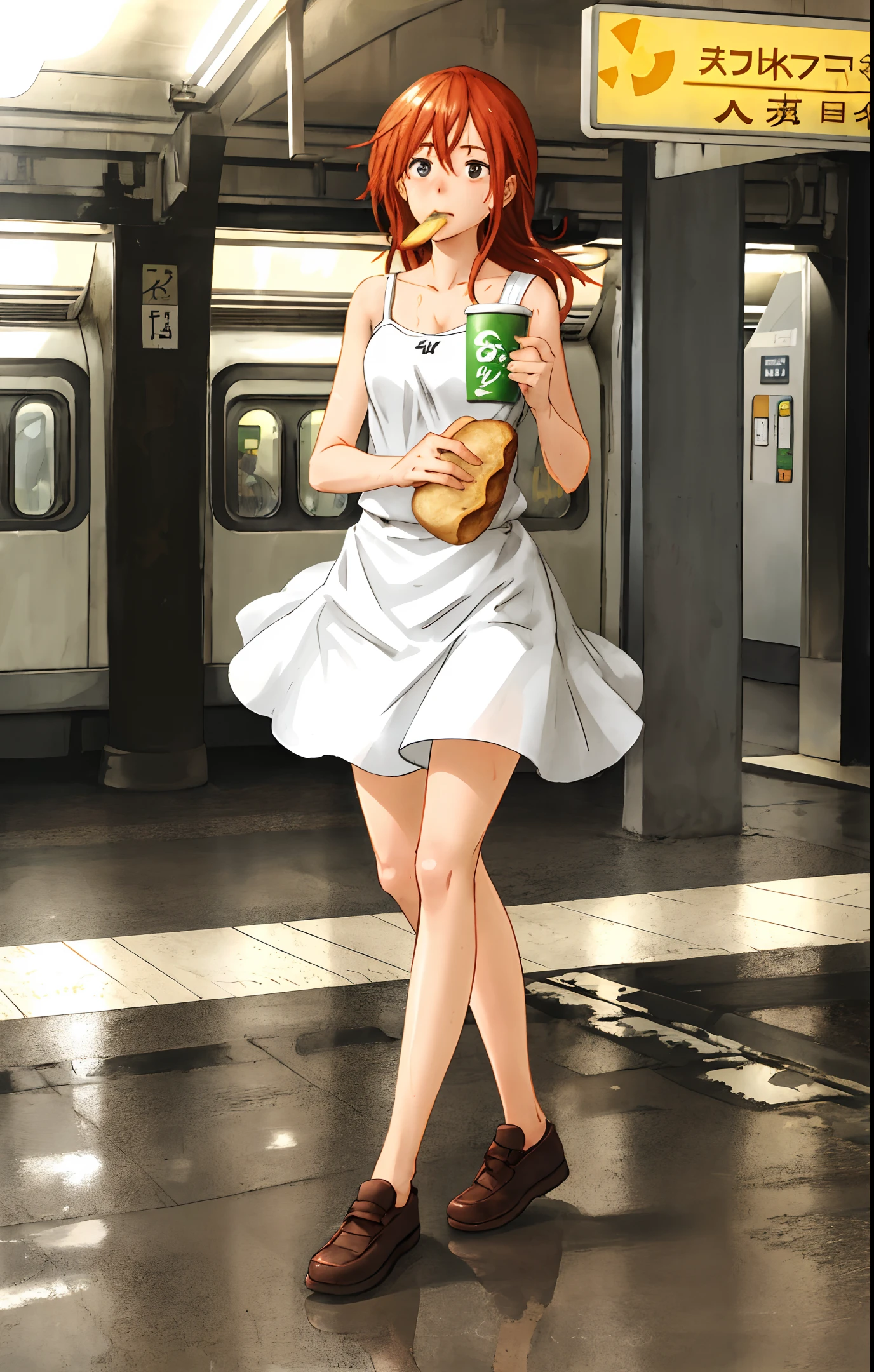 best quality, detailed background, girl, eating bread, subway station, spring, shy, alone, running, breathing, wet: 0.6