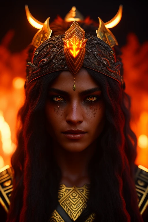 one head, Hell, fire Sky, warrior, with double swords, Beautiful, Female, Werewolf, long Hair, glowing gold eyes, realisitic, highly detailed, Unreal Engine, 8k-upscale