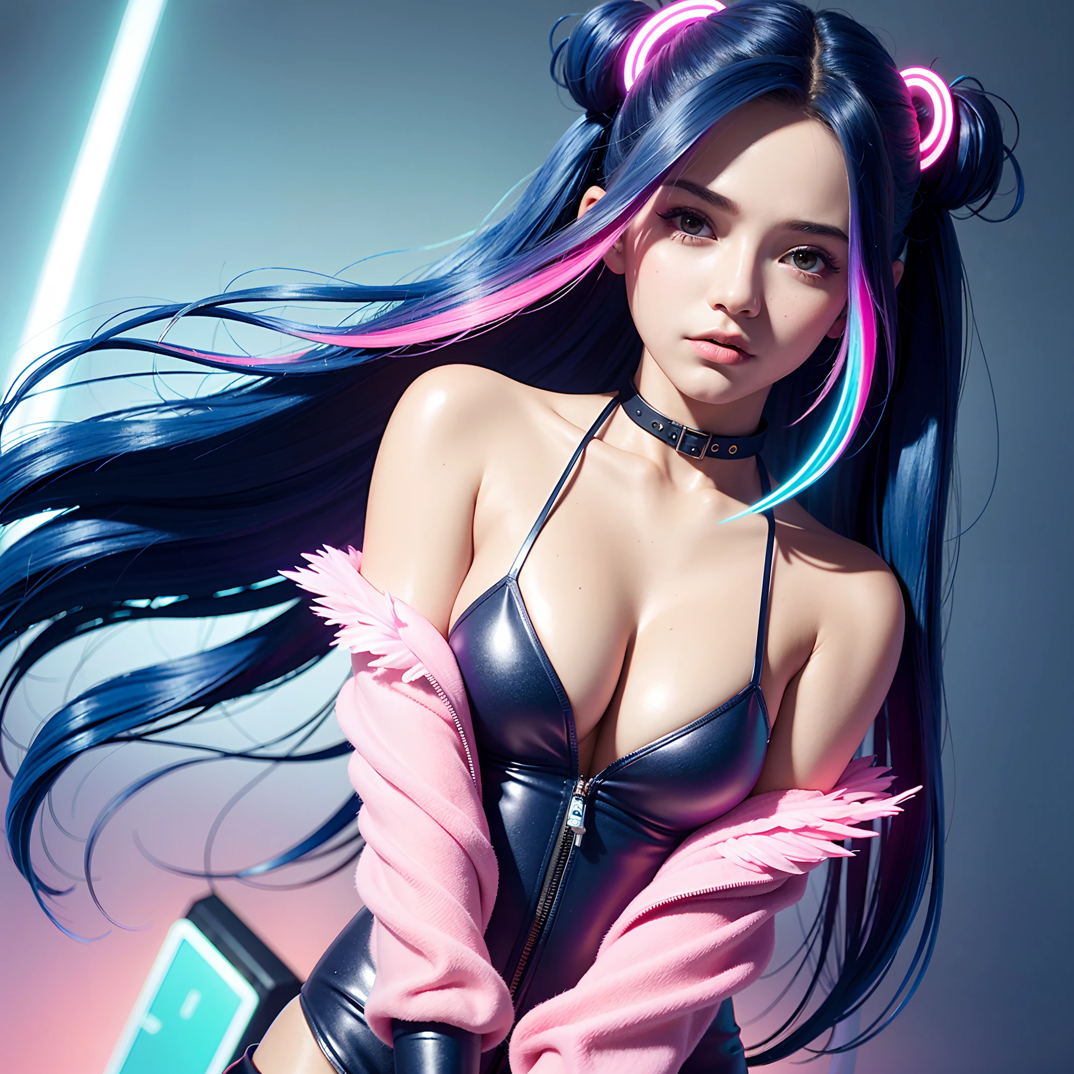 (masterpiece), best quality, ultra high res,little girl, cyberpunk, 1girl, stunning cityscape ,hoodie,blue hair, very long hair, off shoulder, feather intricate hair ornament, (gradient neon colors:1.5), flashes, cinematic lighting, photorealistic, realistic skin, HDR, fisheye