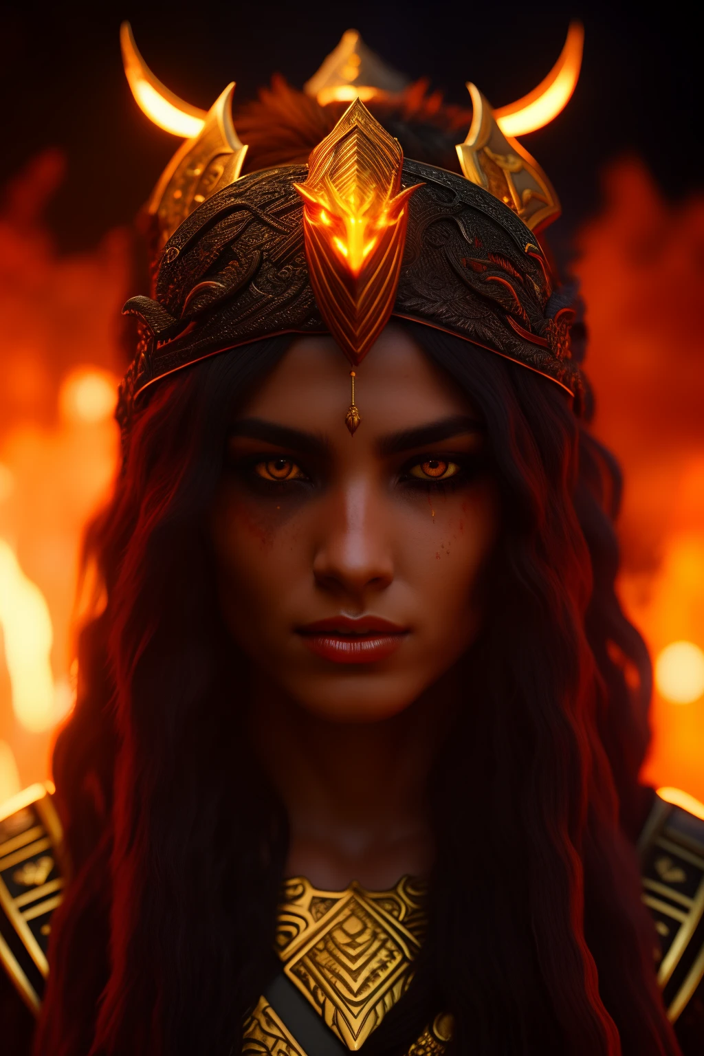 one head, Hell, fire Sky, warrior, with double swords, Beautiful, Female, Werewolf, long Hair, glowing gold eyes, realisitic, highly detailed, Unreal Engine, 8k-upscale