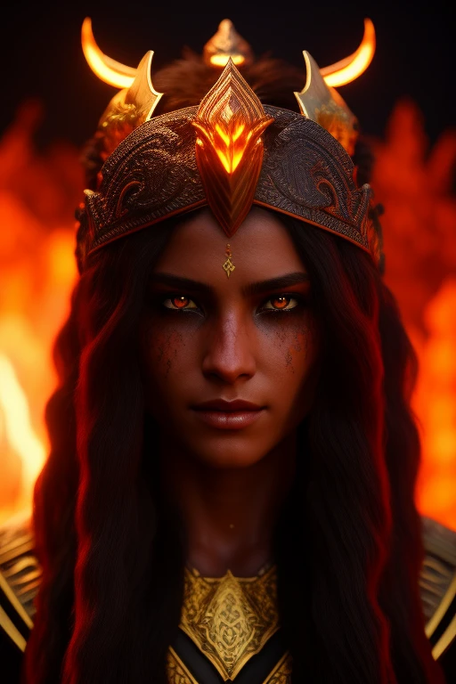 one head, Hell, fire Sky, warrior, with double swords, Beautiful, Female, Werewolf, long Hair, glowing gold eyes, realisitic, highly detailed, Unreal Engine, 8k-upscale