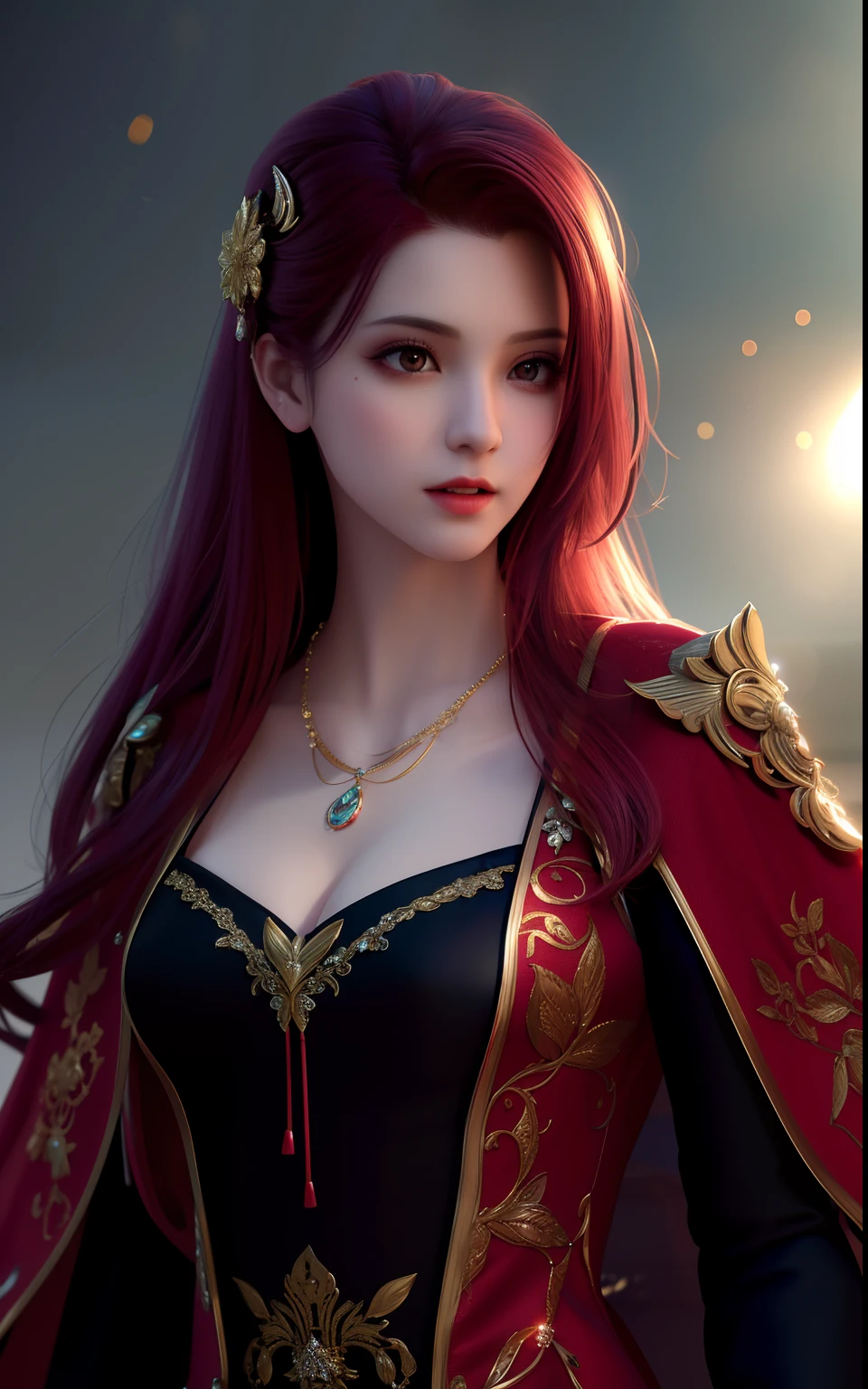 vampire, best quality, masterpiece, highres, 1girl, naked, red hair, hair ornament,necklace, jewelry,Beautiful face,upon_body, tyndall effect,photorealistic, dark studio, rim lighting, two tone lighting,(high detailed skin:1.2), 8k uhd, dslr, soft lighting, high quality, volumetric lighting, candid, Photograph, high resolution, 4k, 8k, Bokeh