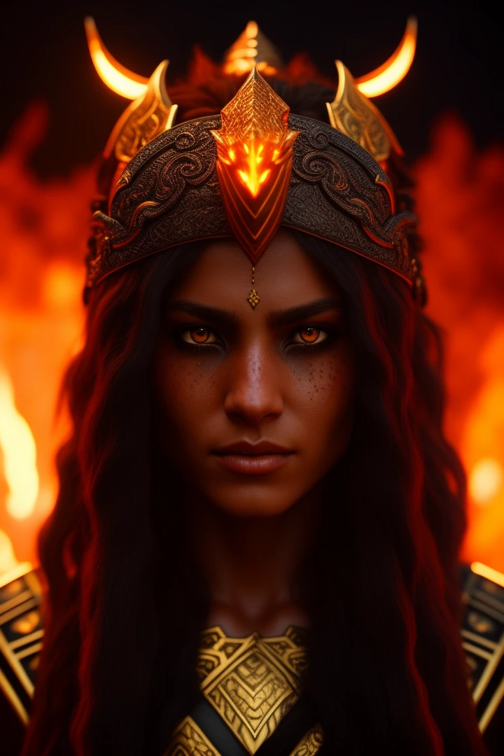 one head, Hell, fire Sky, warrior, with double swords, Beautiful, Female, Werewolf, long Hair, glowing gold eyes, realisitic, highly detailed, Unreal Engine, 8k-upscale