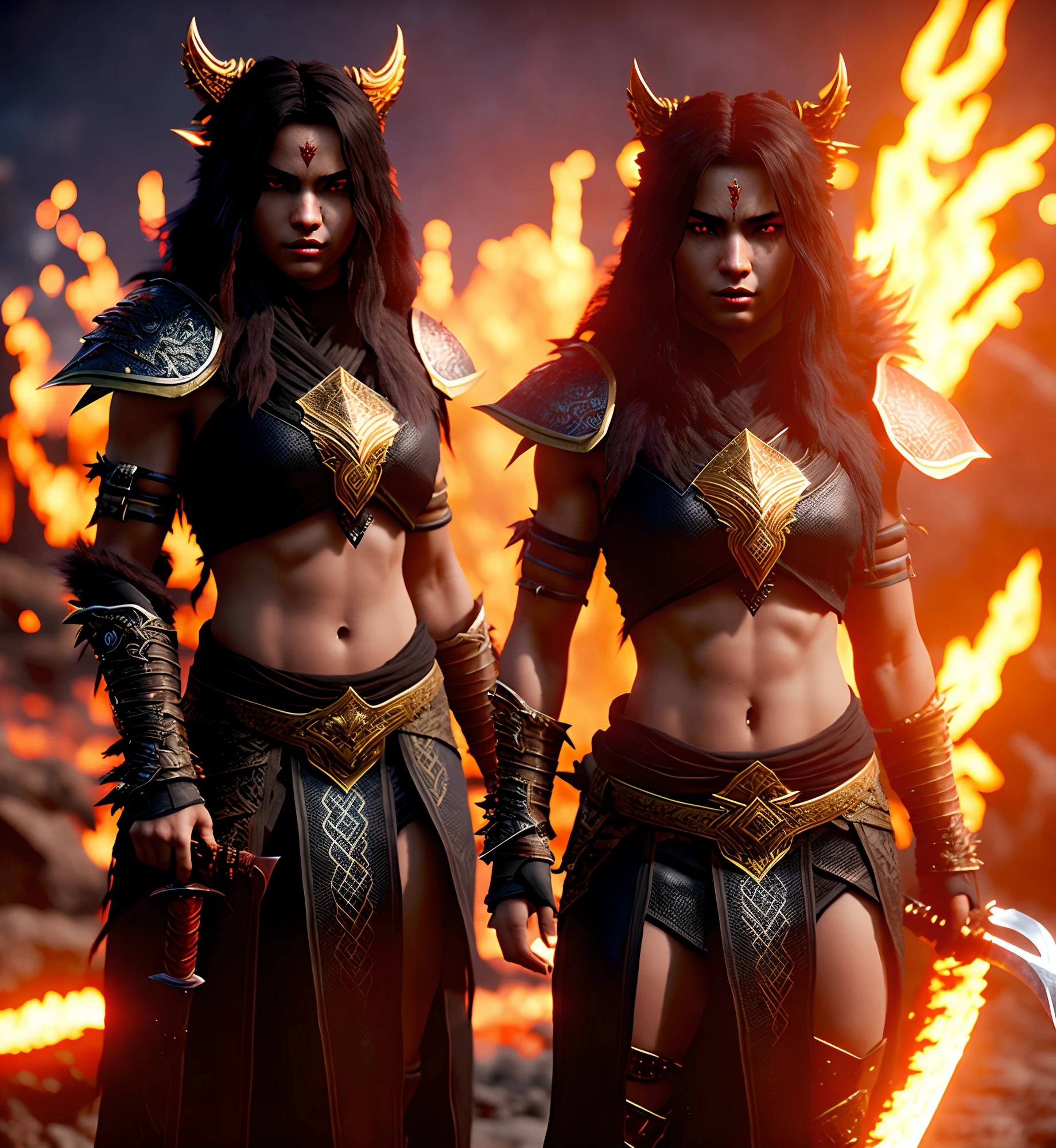 one head, Hell, fire Sky, warrior, with double swords, Beautiful, Female, Werewolf, long Hair, glowing gold eyes, realisitic, highly detailed, Unreal Engine, 8k-upscale