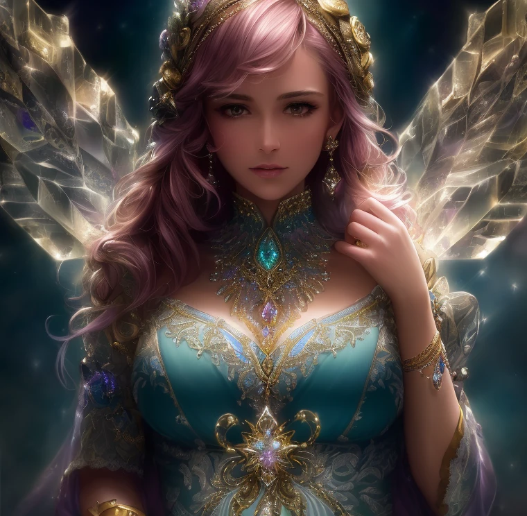 crystals, sparkling, glowing purples and pinks, very pregnant, hand resting on her chest, (best quality:1.2, masterpiece:1.2), ultra high res, intricate detail, Exquisite details and textures, (1girl, solo), atmospheric perspective, upper body, detailed face, shiny skin, looking at viewer, slim body, (((beautiful background))), perfect lighting, (((front lighting)), physically-based rendering, natural skin texture, 24mm, 4k textures, soft cinematic light, hdr, intricate, elegant, highly detailed, sharp focus, ((((cinematic look)))), soothing tones, insane details, intricate details, hyperdetailed, low contrast, soft cinematic light, dim colors, exposure blend, hdr, faded, jacket