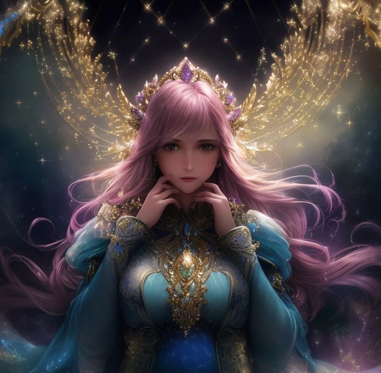 crystals, sparkling, glowing purples and pinks, very pregnant, hand resting on her chest, (best quality:1.2, masterpiece:1.2), ultra high res, intricate detail, Exquisite details and textures, (1girl, solo), atmospheric perspective, upper body, detailed face, shiny skin, looking at viewer, slim body, (((beautiful background))), perfect lighting, (((front lighting)), physically-based rendering, natural skin texture, 24mm, 4k textures, soft cinematic light, hdr, intricate, elegant, highly detailed, sharp focus, ((((cinematic look)))), soothing tones, insane details, intricate details, hyperdetailed, low contrast, soft cinematic light, dim colors, exposure blend, hdr, faded, jacket