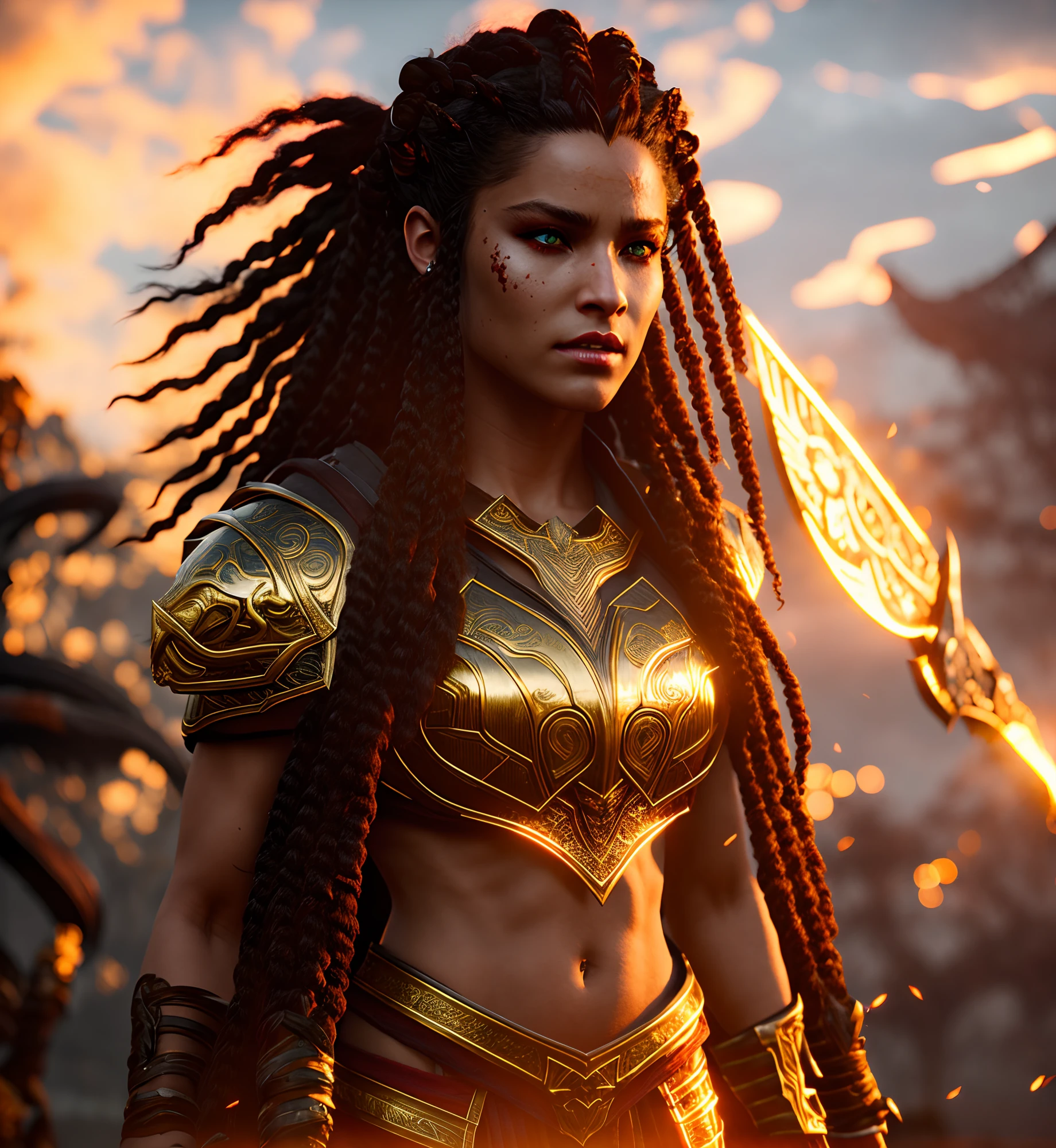 one head, Hell beast,white-fire Sky, warrior, with scythe, beutiful, women, Werewolf, long braided blond Hair, glowing gold eyes, realisitic, highly detailed, Unreal Engine, 8k-upscale