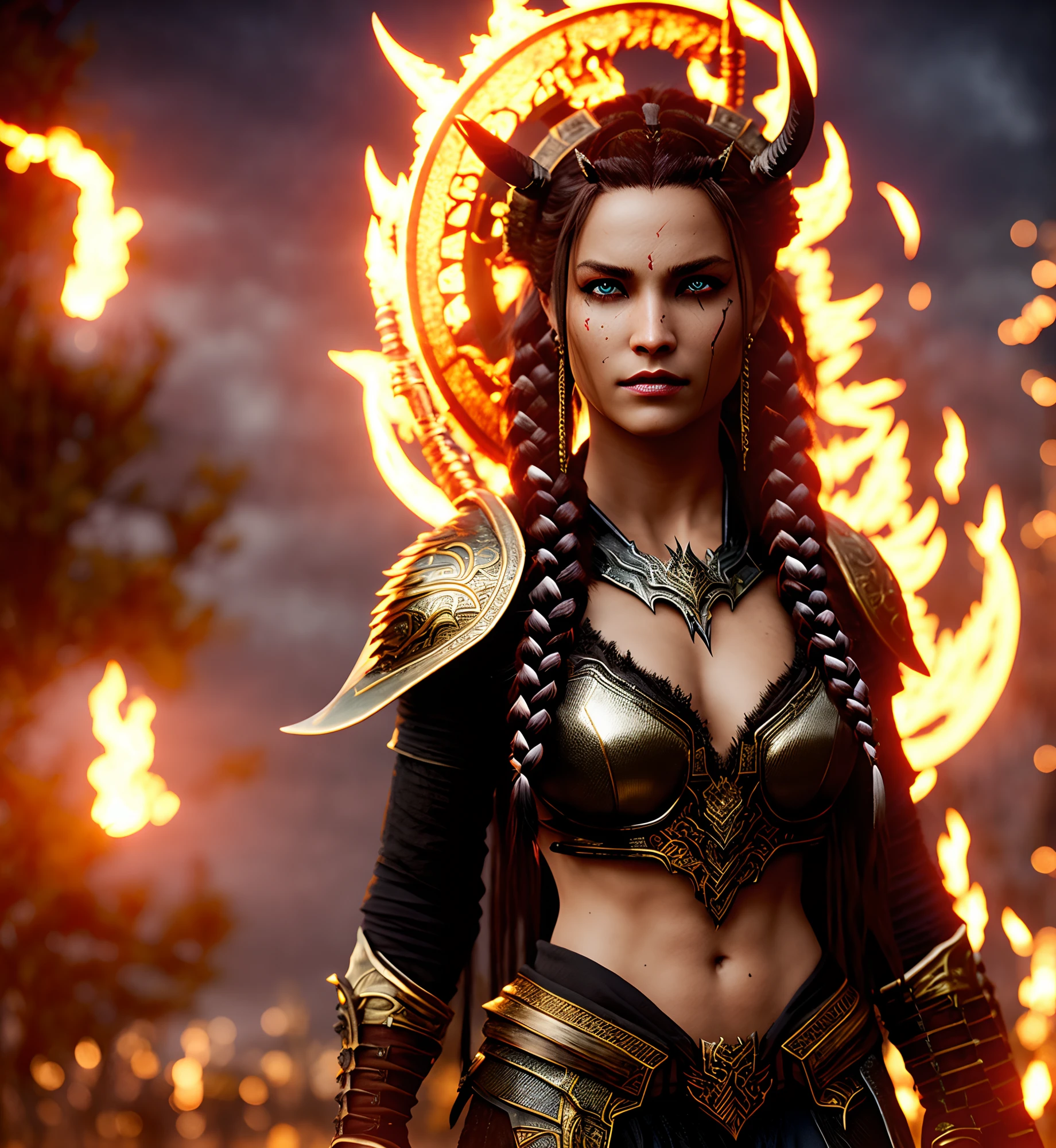 one head, Hell beast,white-fire Sky, warrior, with scythe, beutiful, women, Werewolf, long braided blond Hair, glowing gold eyes, realisitic, highly detailed, Unreal Engine, 8k-upscale