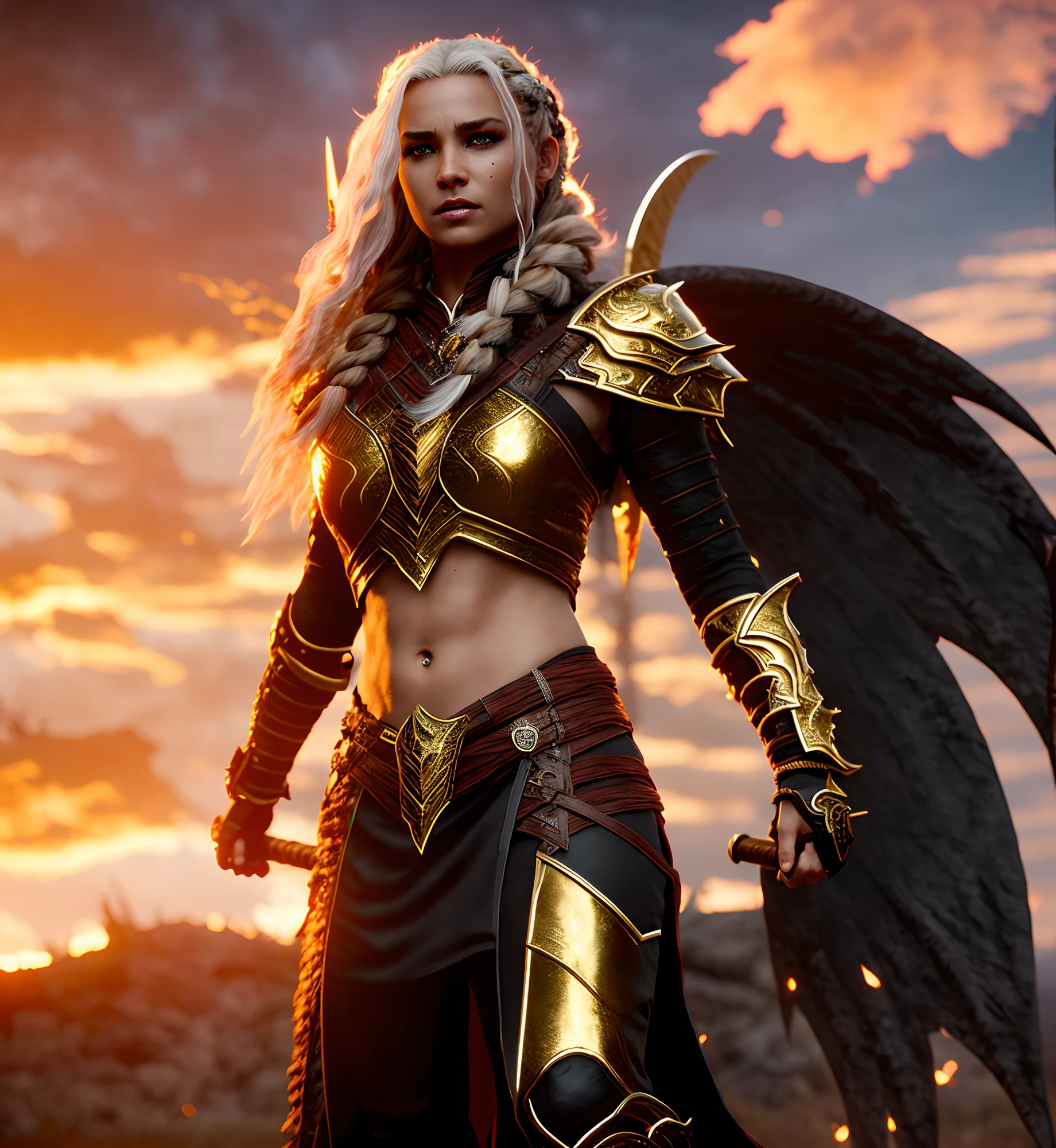 one head, Hell beast,white-fire Sky, warrior, with scythe, beutiful, women, Werewolf, long braided blond Hair, glowing gold eyes, realisitic, highly detailed, Unreal Engine, 8k-upscale