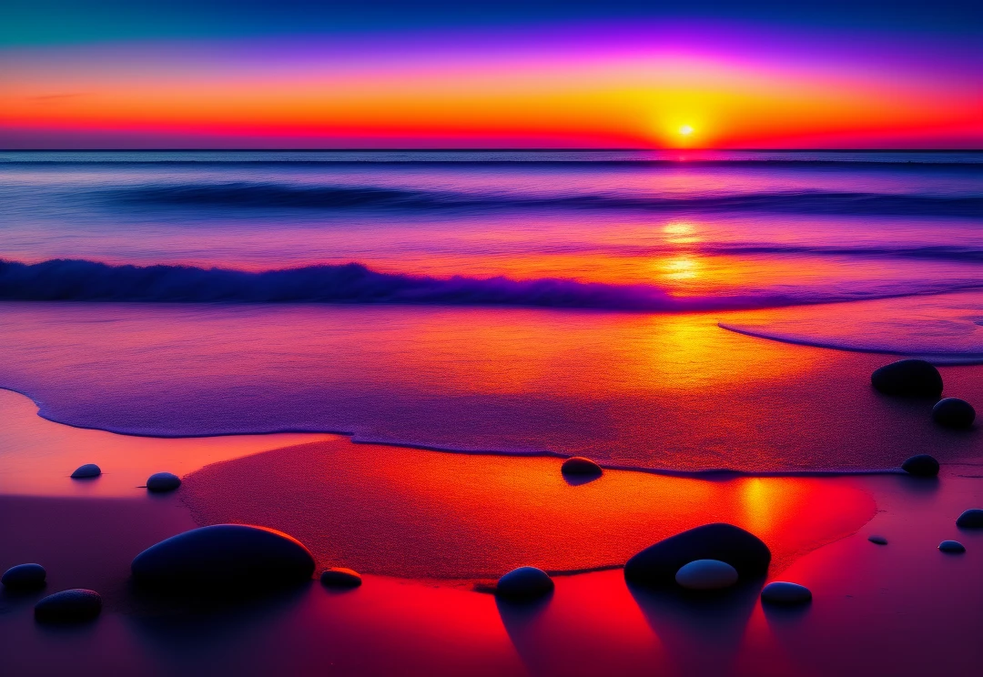 A breathtaking photo of a beach strewn with glass pebbles, illuminated by the warm hues of a mesmerizing sunset. The image should capture the way sunlight is reflected and refracted by the glass pebbles, creating a fascinating variety of colors and light patterns. The sky should be filled with a mix of shades of orange, pink, and purple as the sun sinks below the horizon. The photo should be taken with a Canon EOS 5D Mark IV and a 24-70 mm f/2.8 lens with an aperture of 1:11, an ISO of 100 and a shutter speed of 1/50 s. The lighting should be natural, with the warm tones of the sunset casting a magical light over the entire scene.